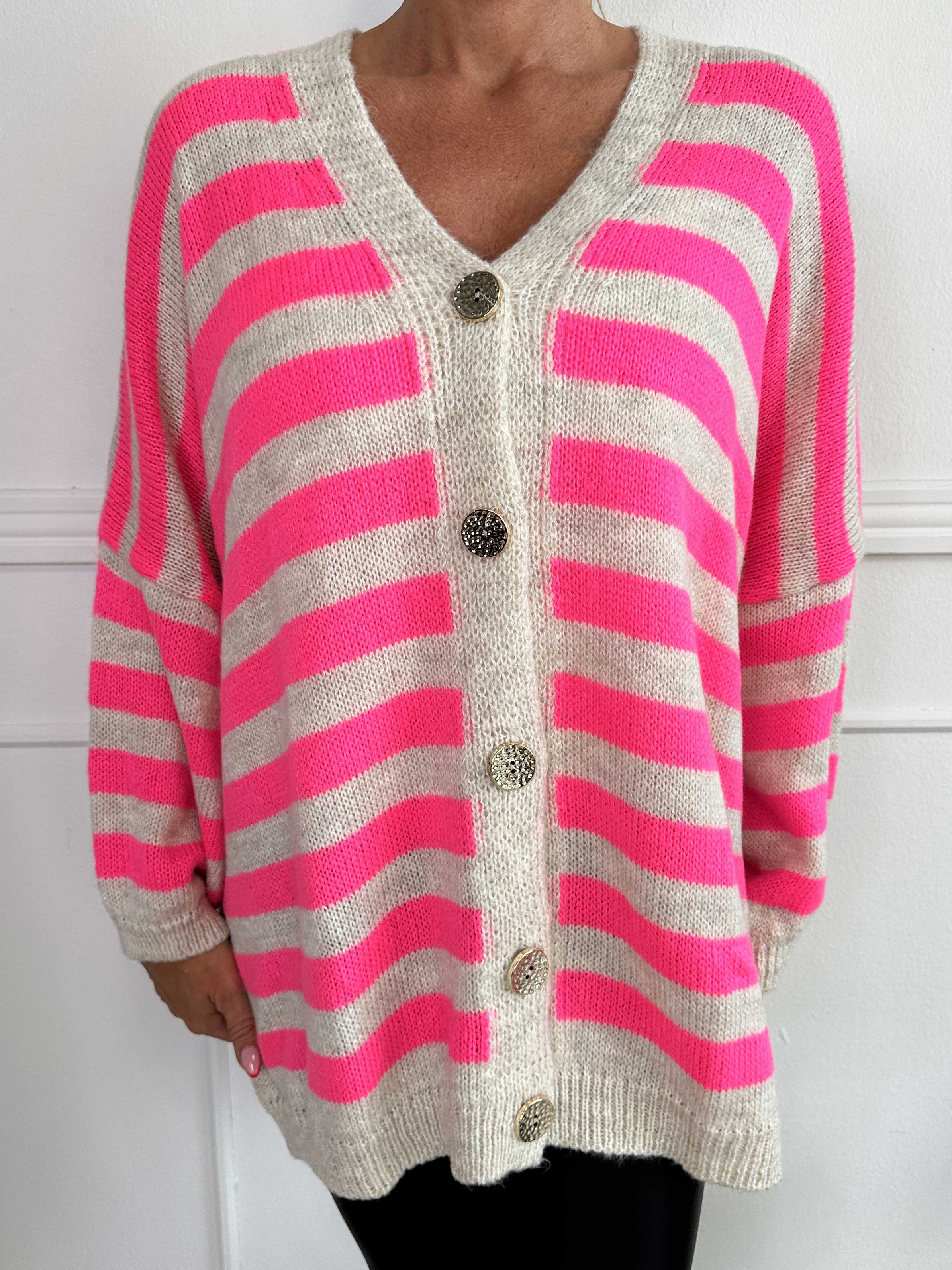 Parker - Stribet strikcardigan med store guld knapper