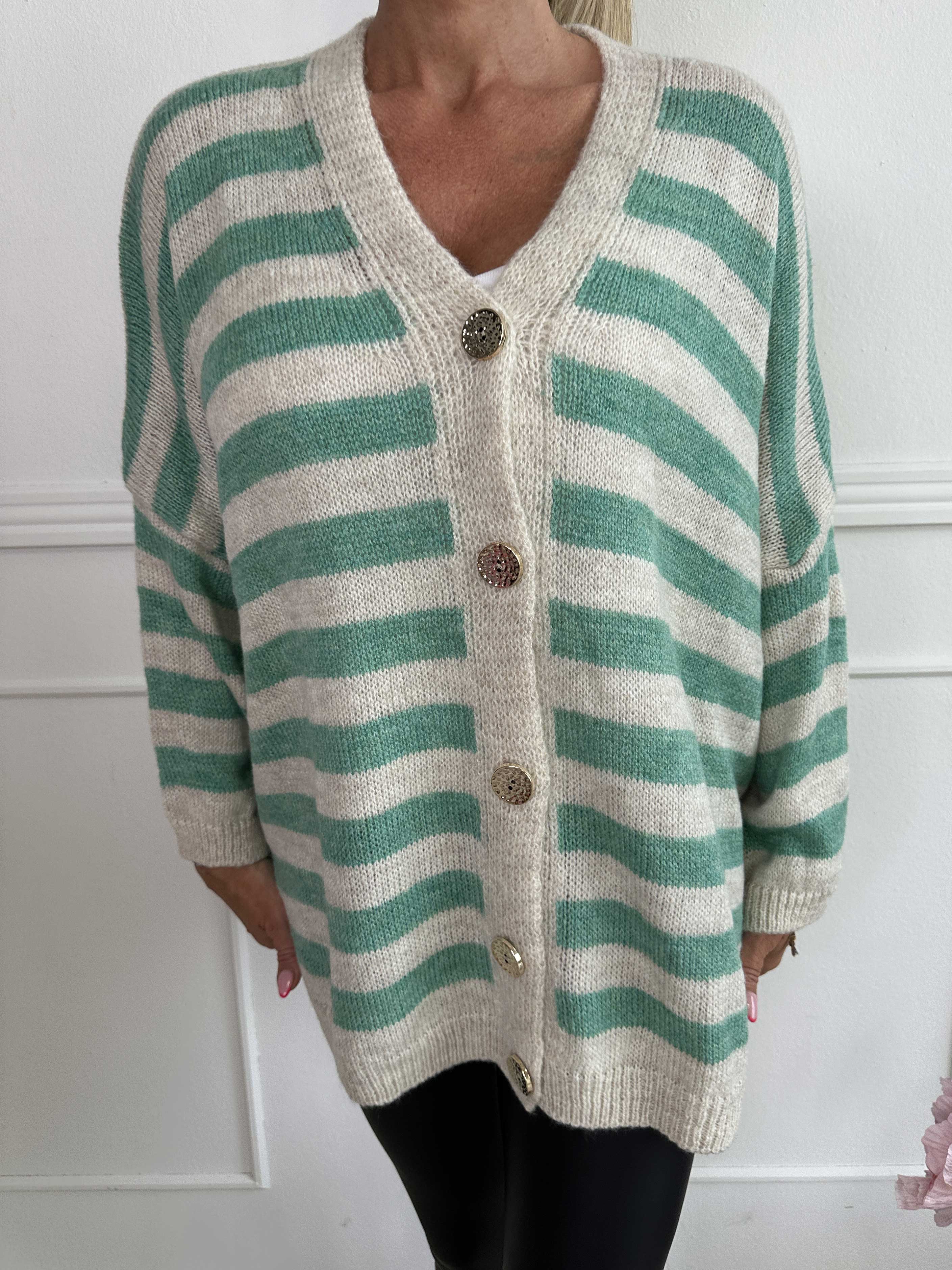 Parker - Stribet strikcardigan med store guld knapper