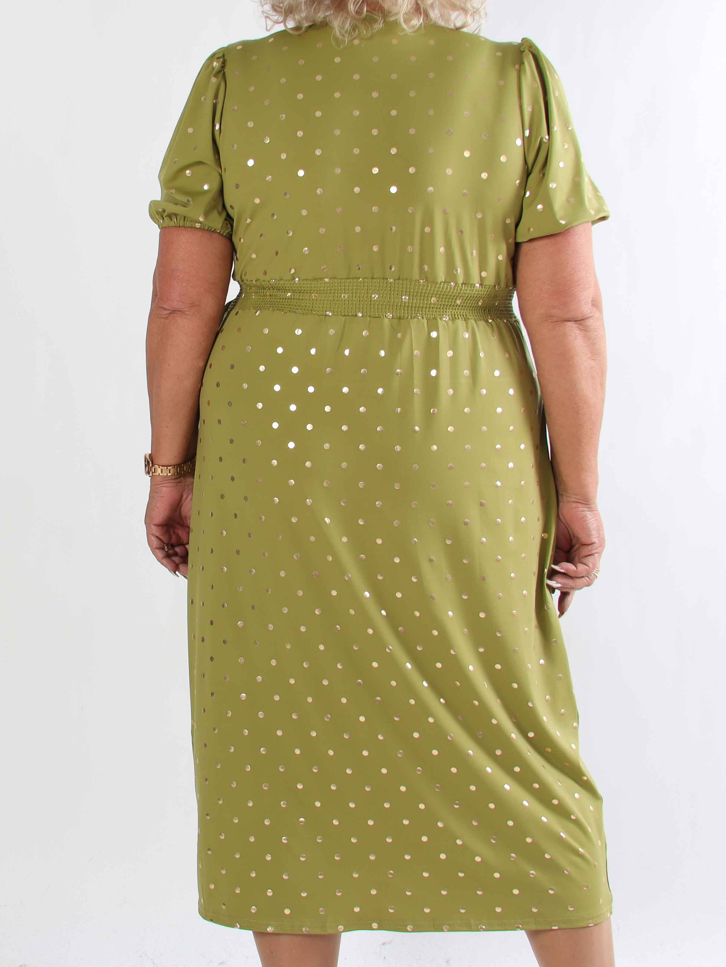 Primula Dust Gold - Plus size kjole i slå-om look med guld prikker