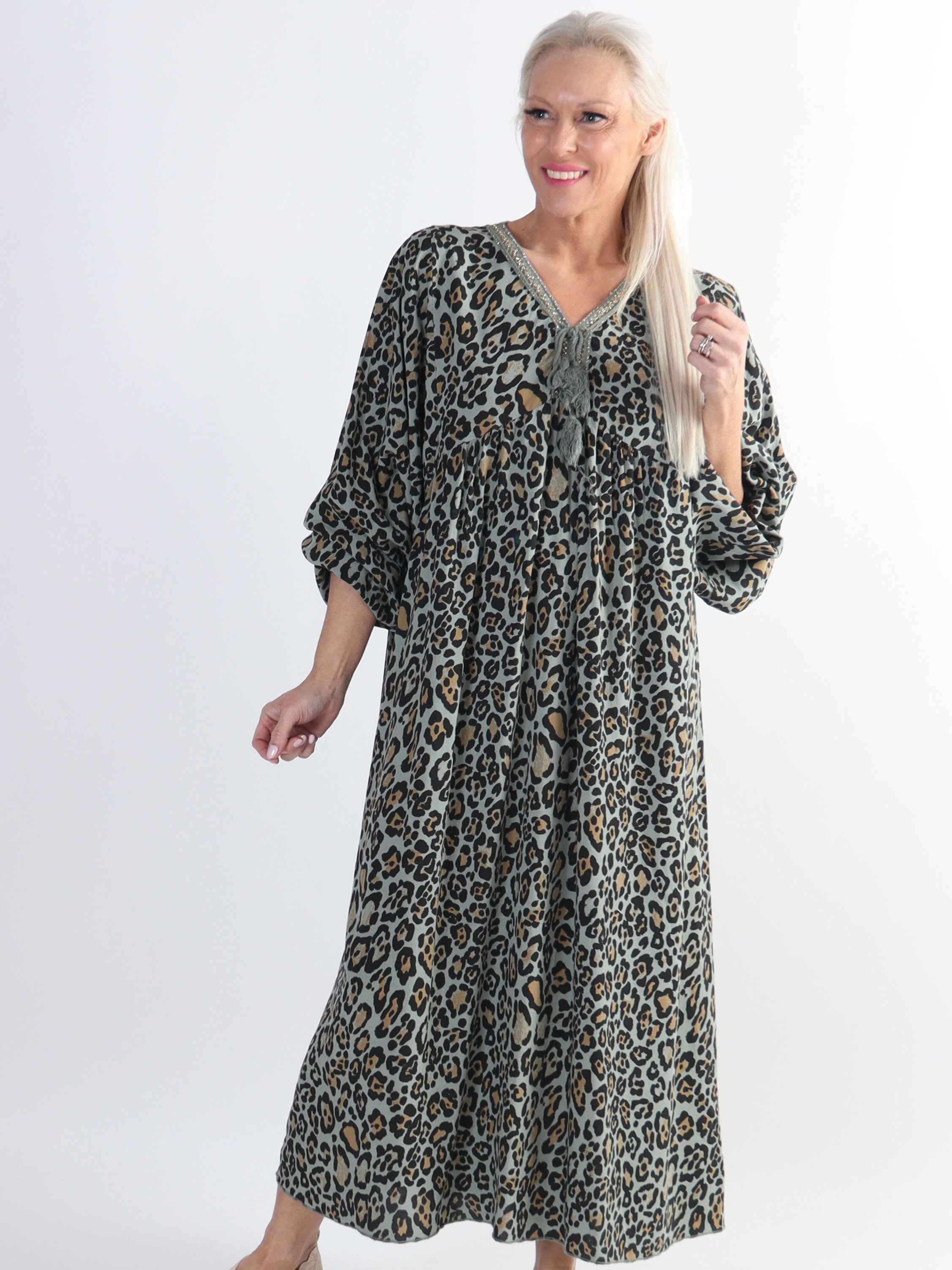 Rebecca - Lang plus size tunikakjole i leopardprint