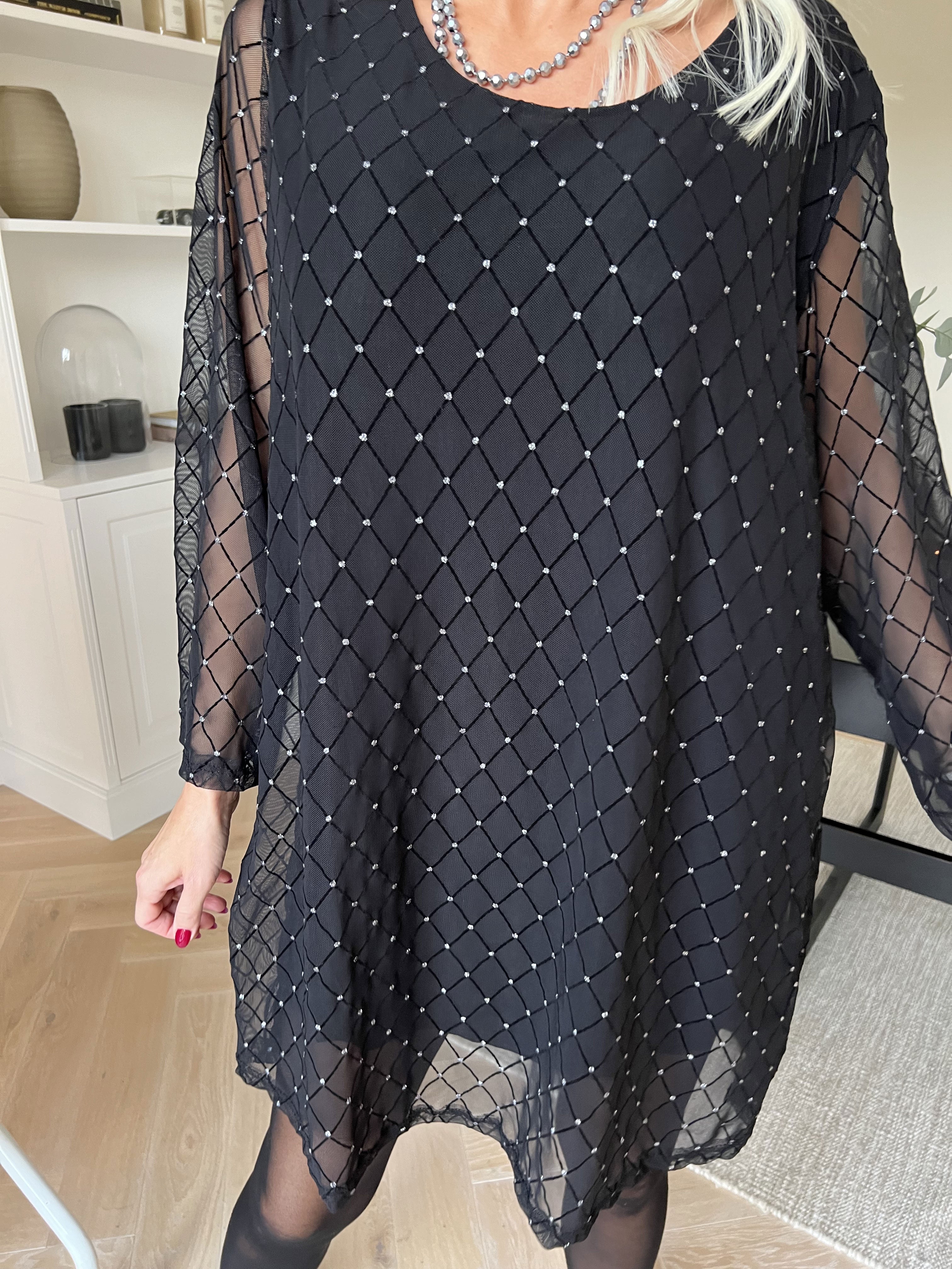 Ritte - Langærmet mesh kjole med glimmer detaljer