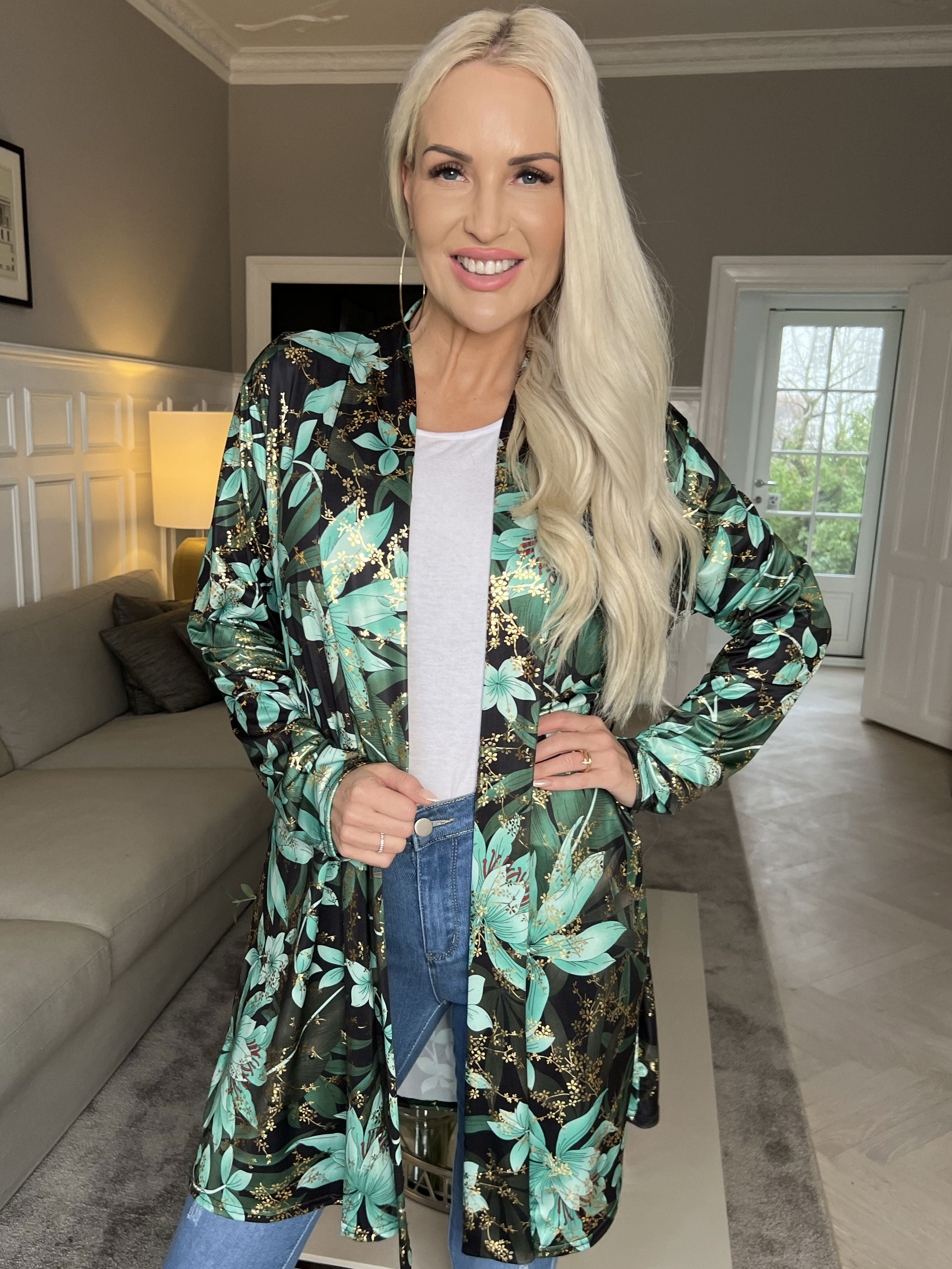 Rosa Gold Flower - Elastisk cardigan med print