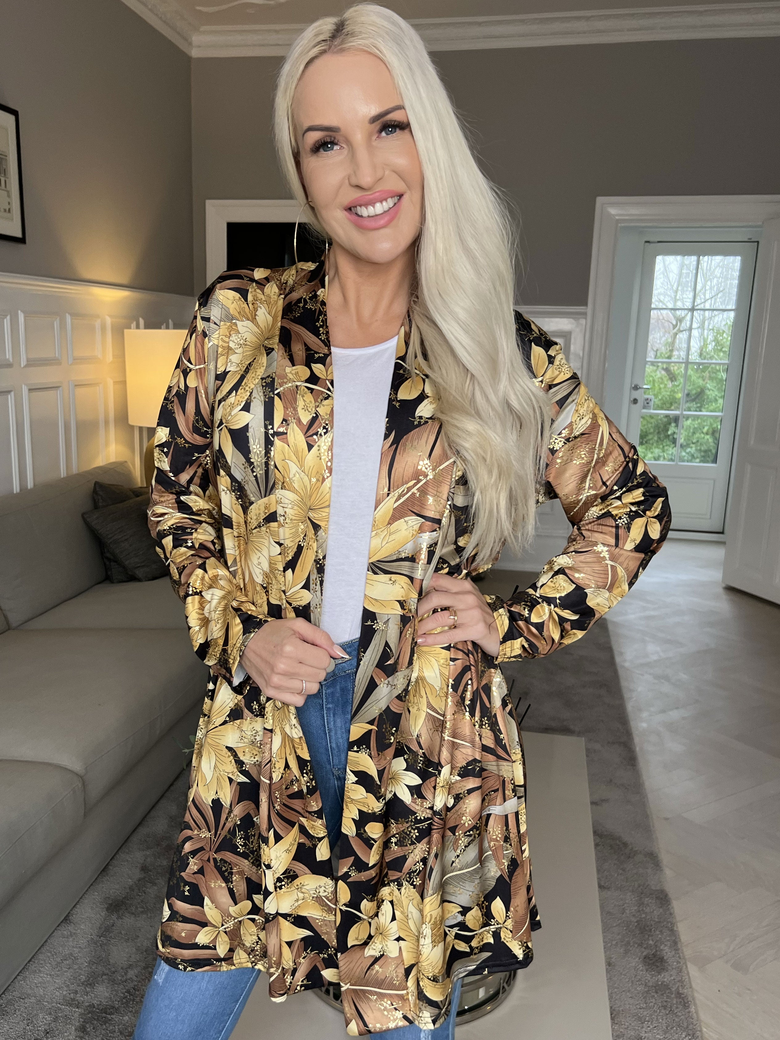 Rosa Gold Flower - Elastisk cardigan med print