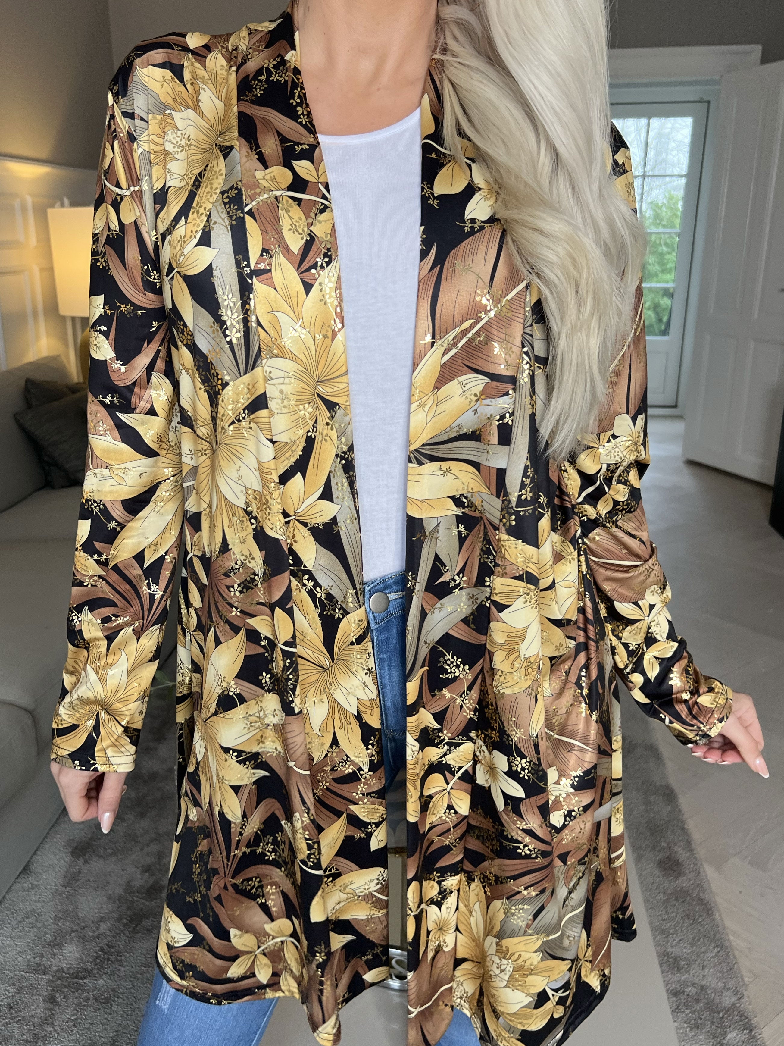 Rosa Gold Flower - Elastisk cardigan med print