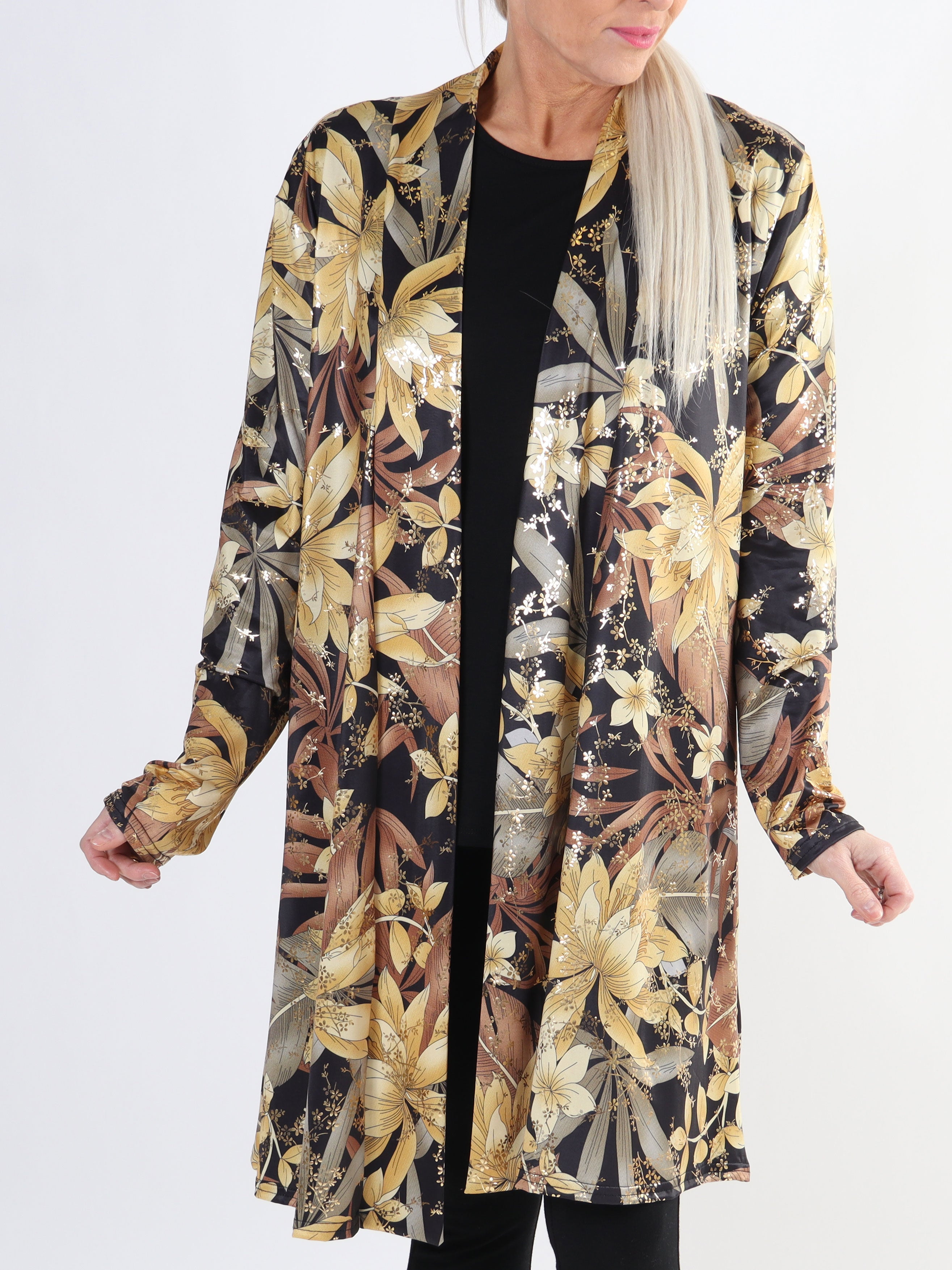 Rosa Gold Flower - Elastisk plus size cardigan med print