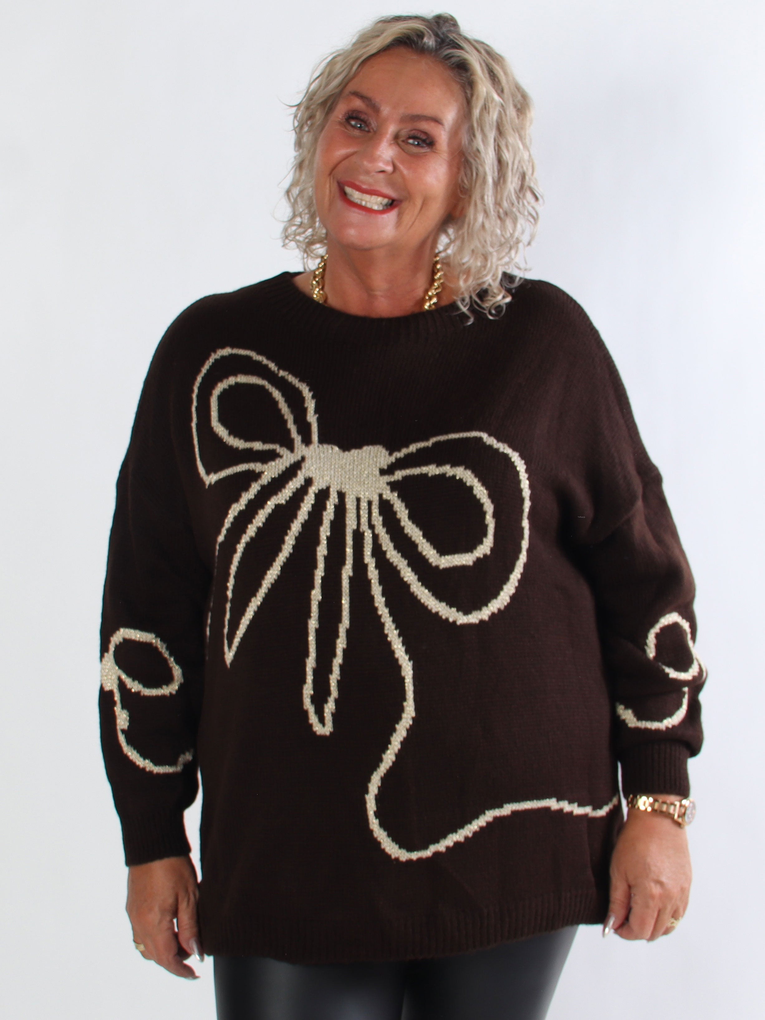 Ruby - Plus size striktrøje med uld og sløjfe i guldtråde