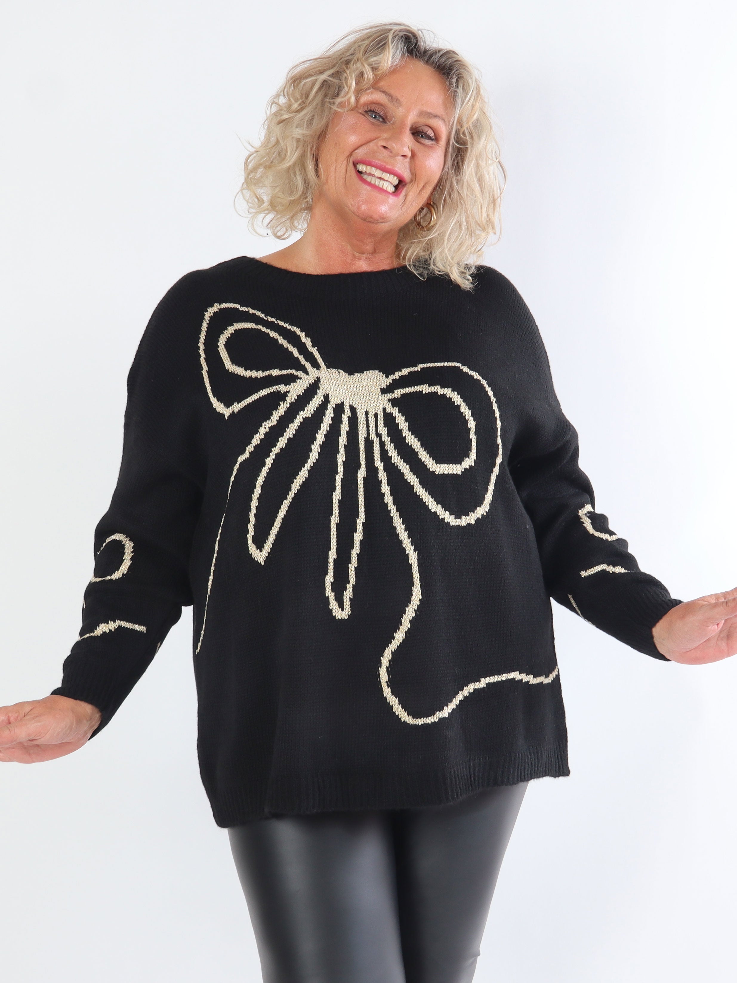 Ruby - Plus size striktrøje med uld og sløjfe i guldtråde