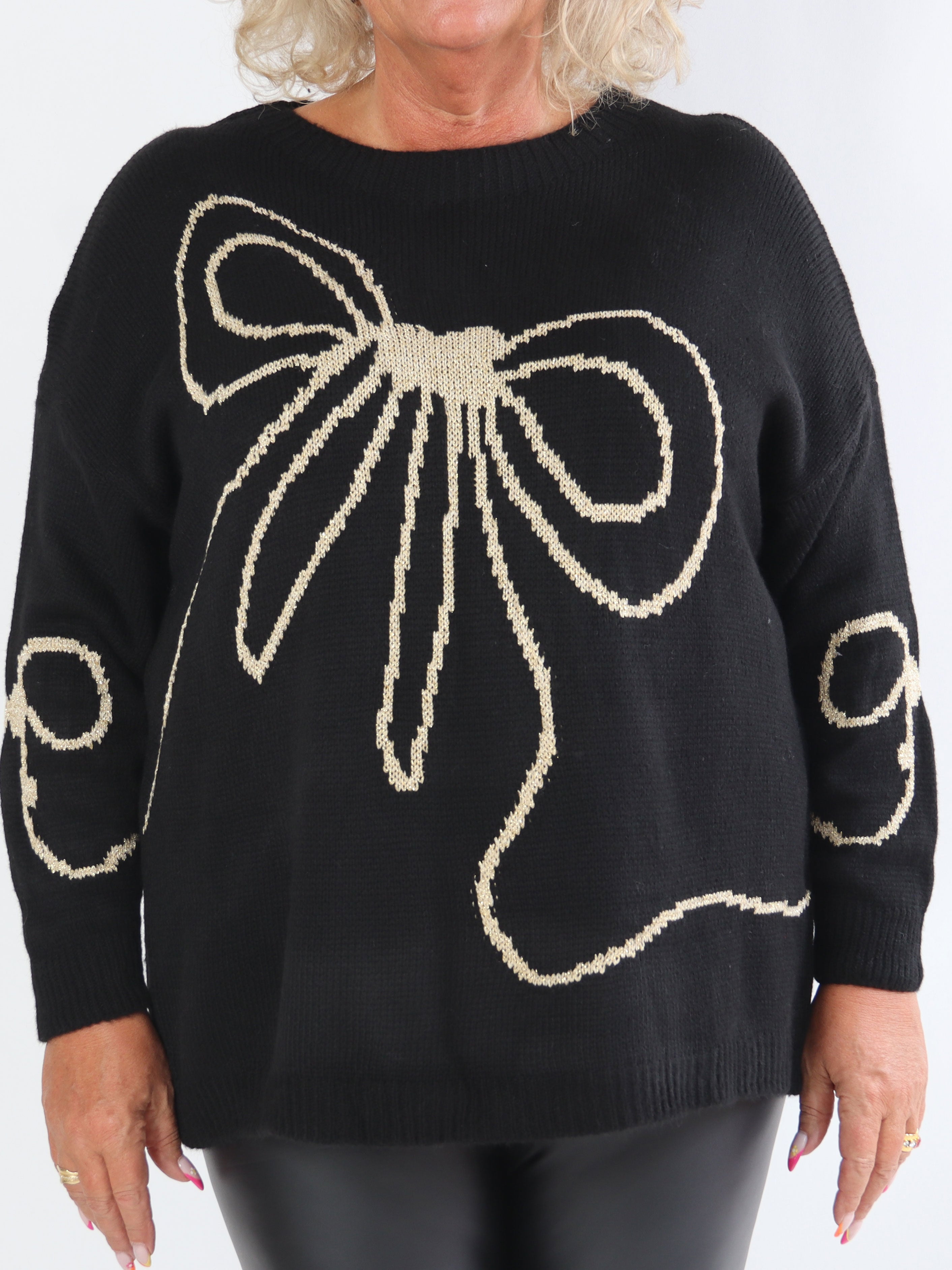 Ruby - Plus size striktrøje med uld og sløjfe i guldtråde