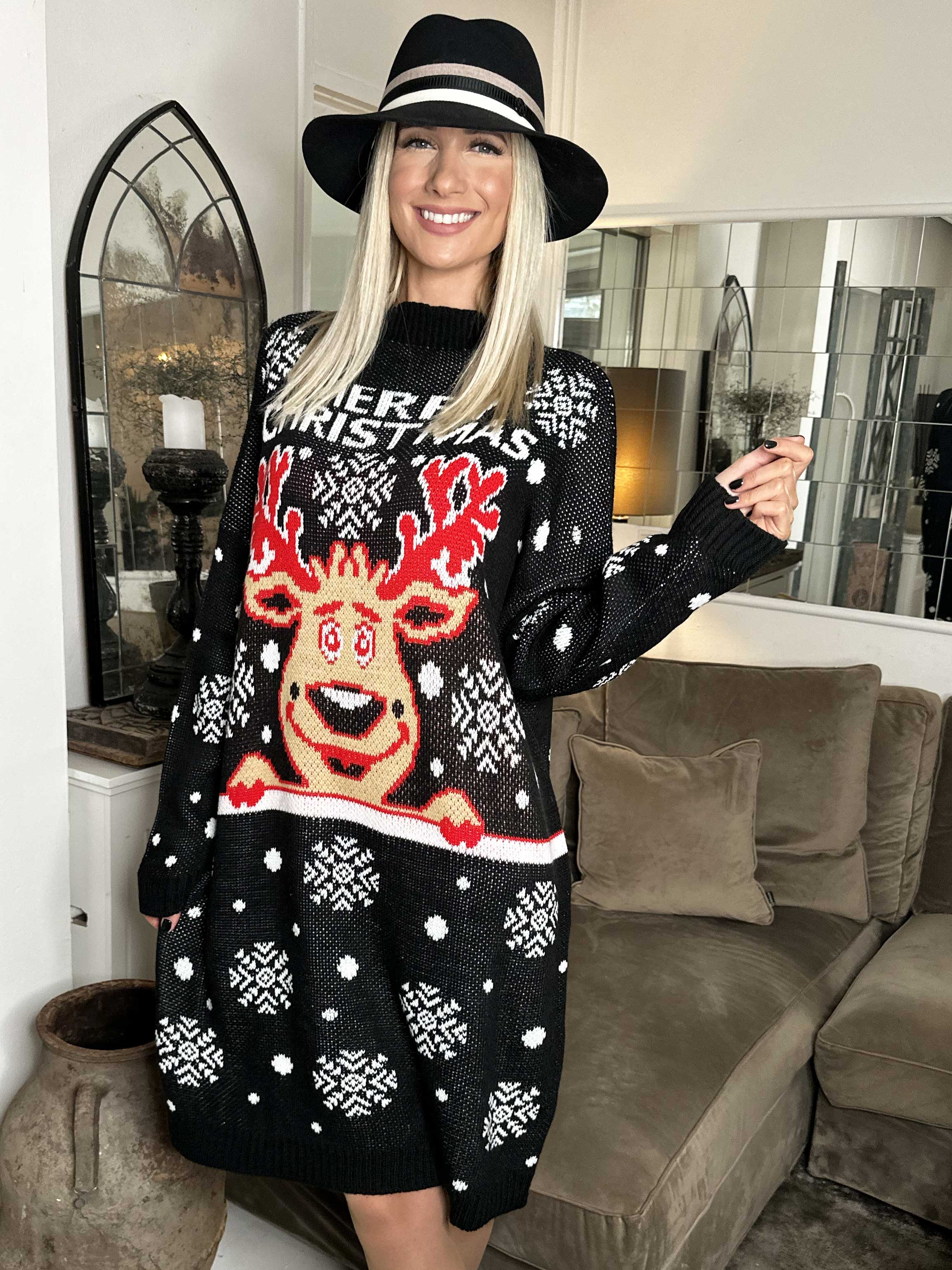 Rudolf - Julestrikkjole med snefnug og rudolf motiv