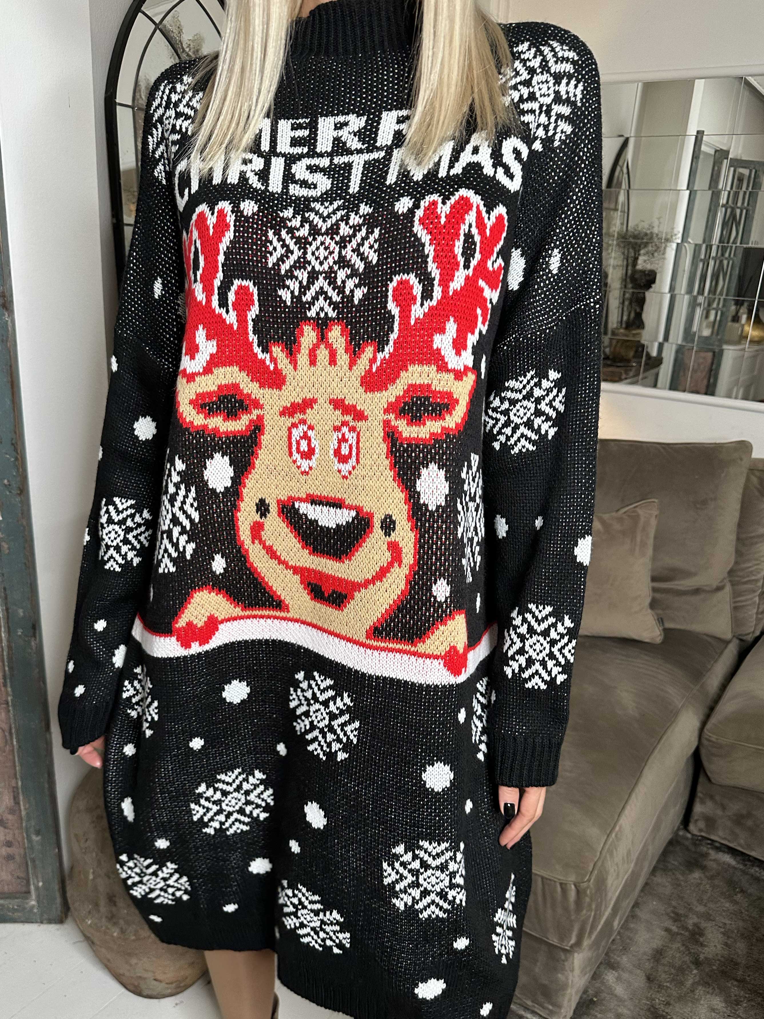 Rudolf - Julestrikkjole med snefnug og rudolf motiv