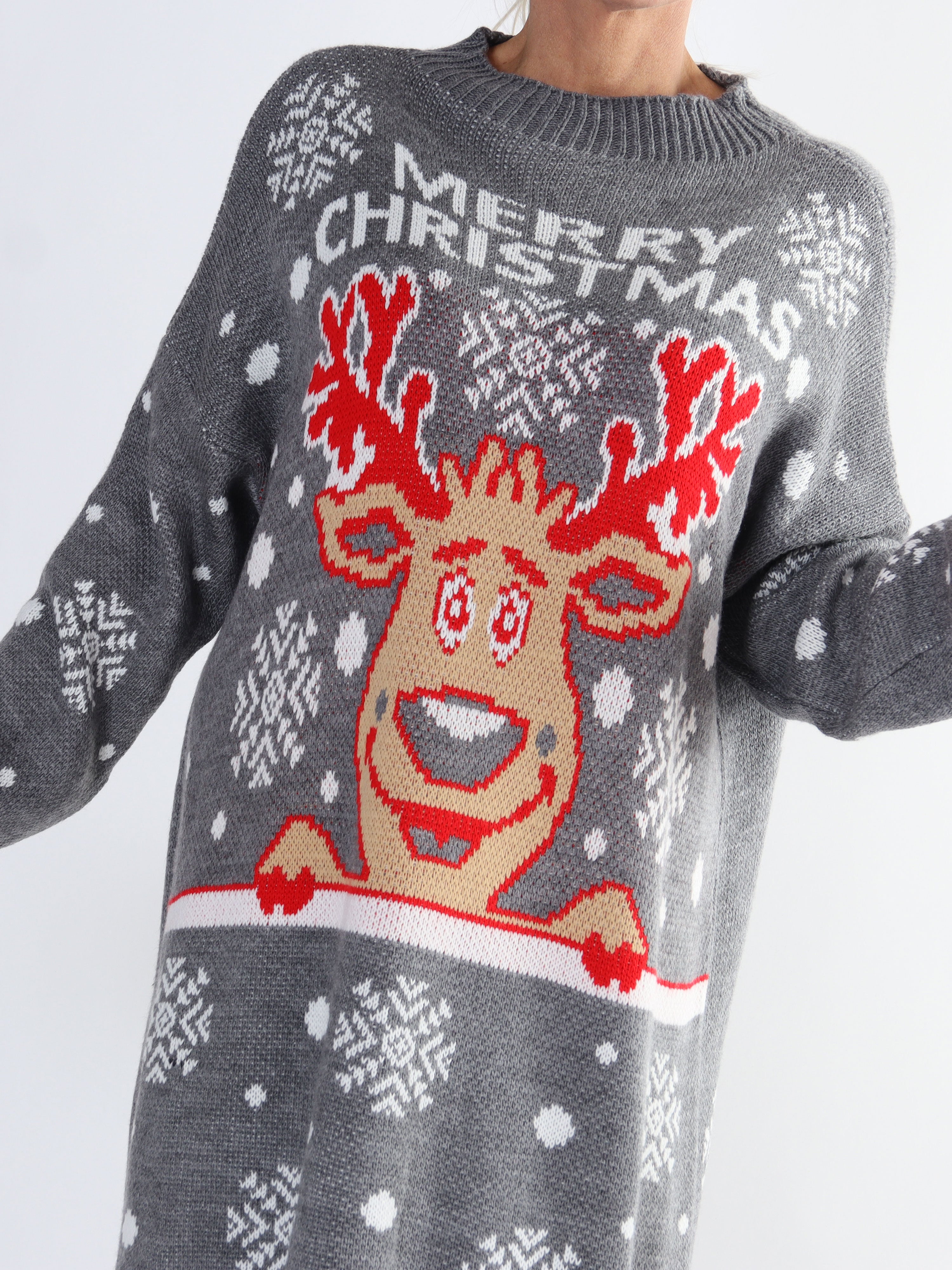 Rudolf - Plus size julestrikkjole med rudolf motiv