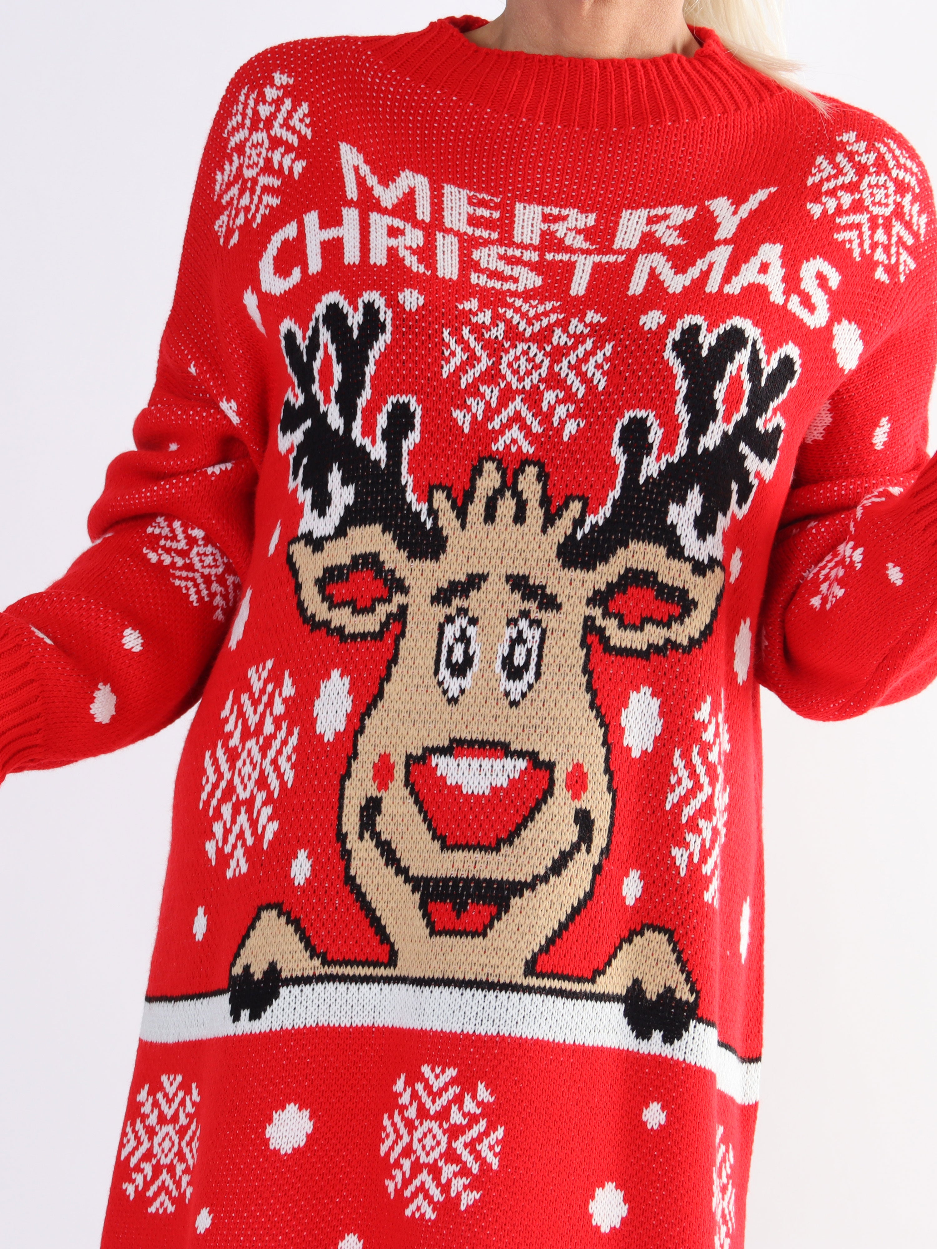 Rudolf - Plus size julestrikkjole med rudolf motiv