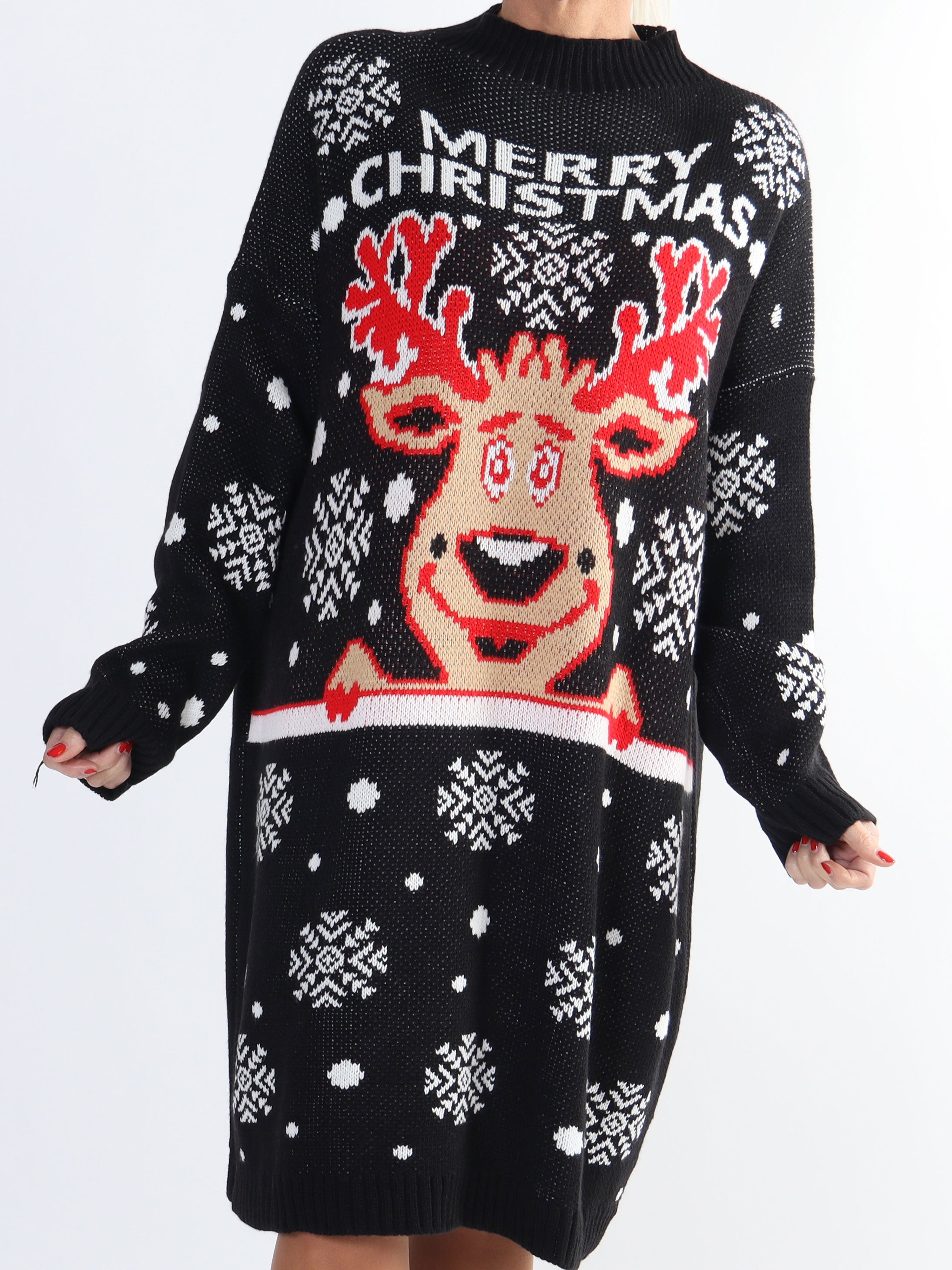 Rudolf - Plus size julestrikkjole med rudolf motiv