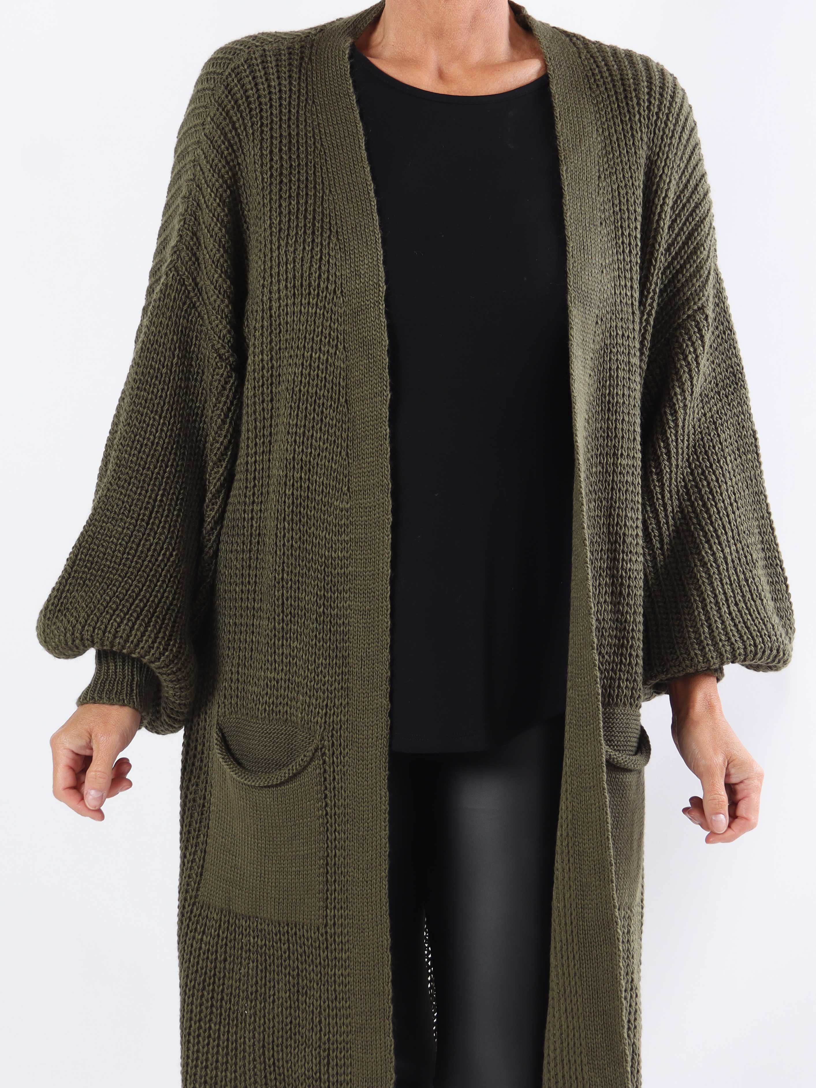 Sally Midi - Plus size strikcardigan med ballonærmer og lommer