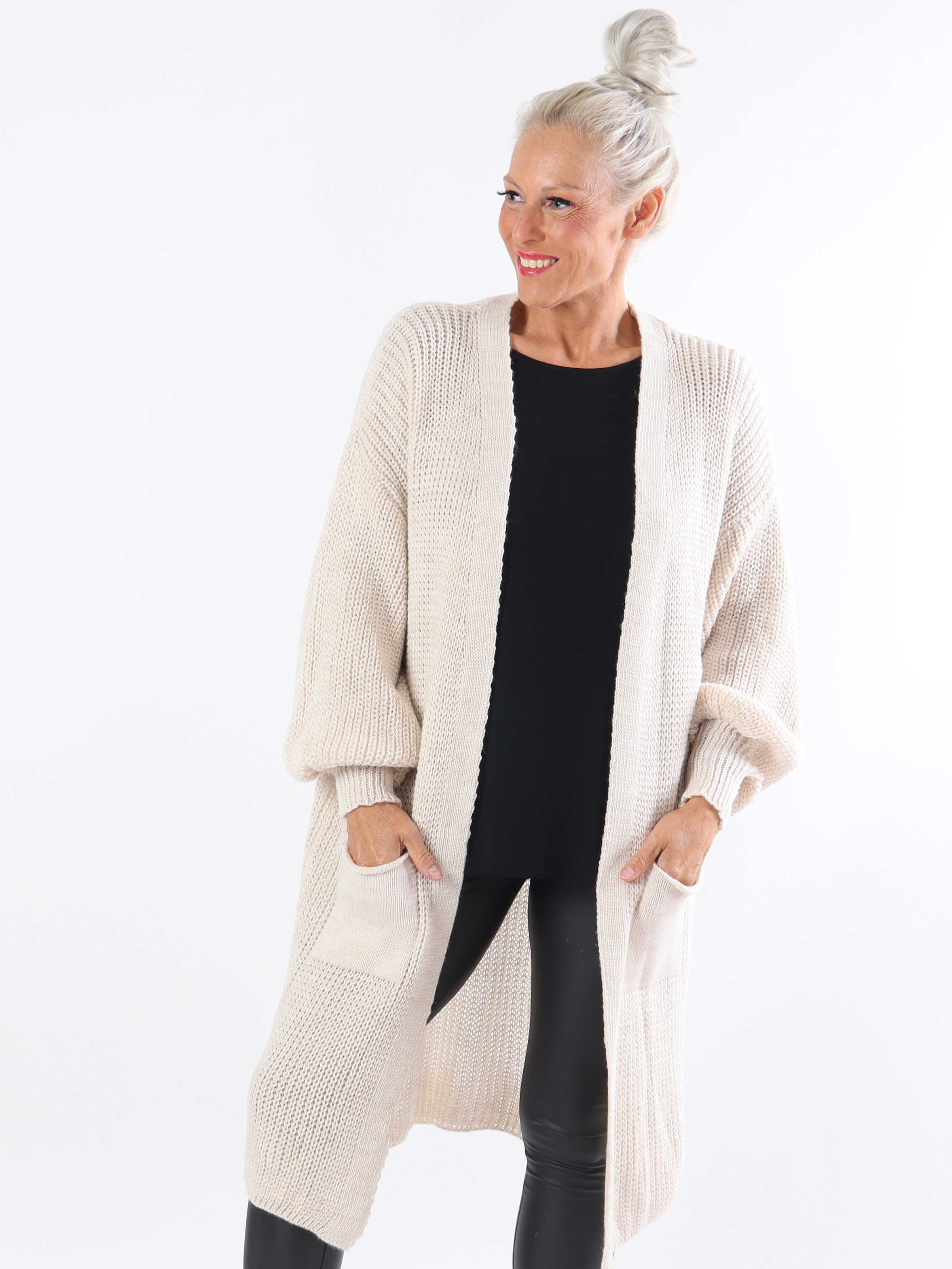 Sally Midi - Plus size strikcardigan med ballonærmer og lommer