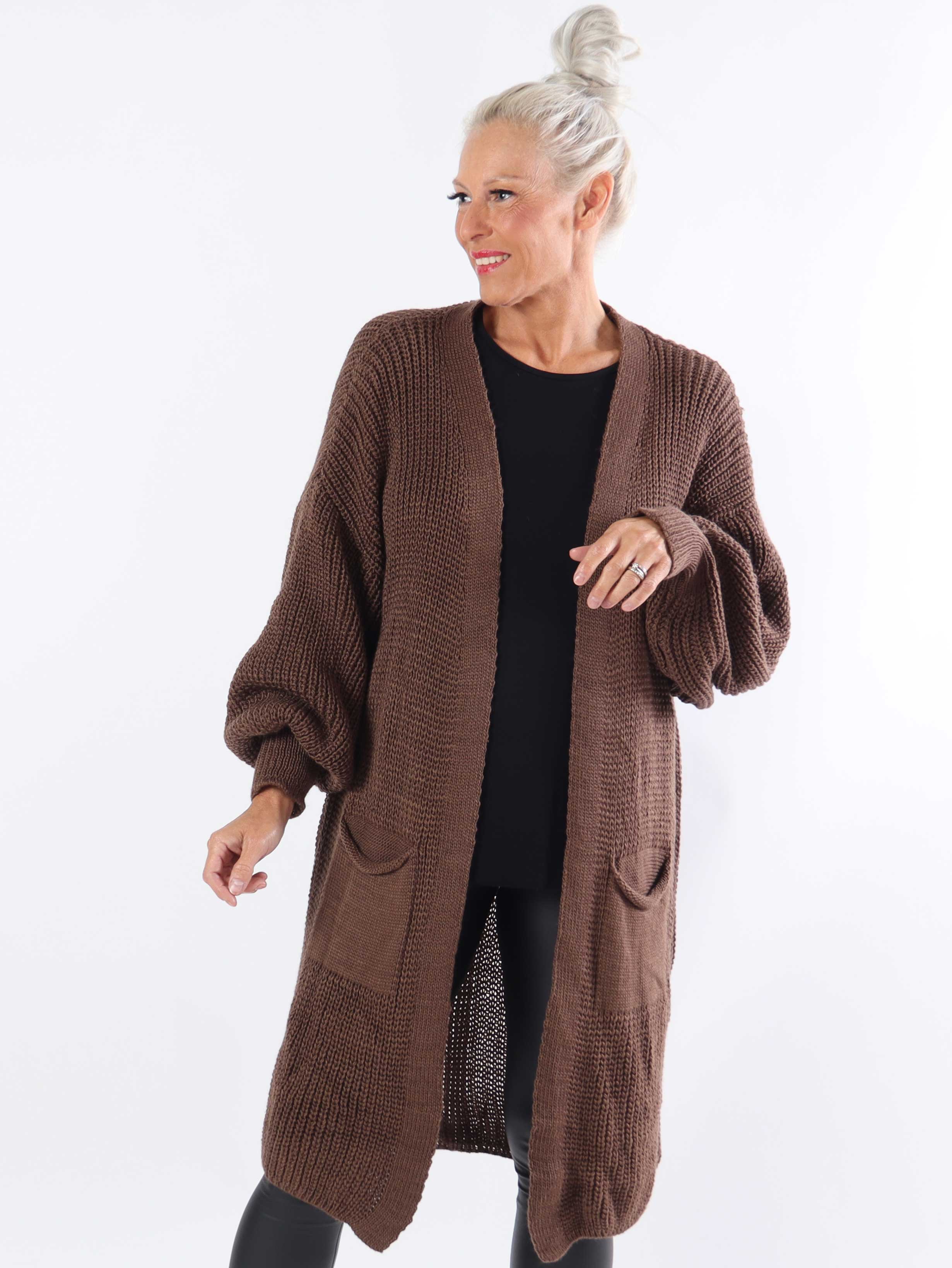 Sally Midi - Plus size strikcardigan med ballonærmer og lommer