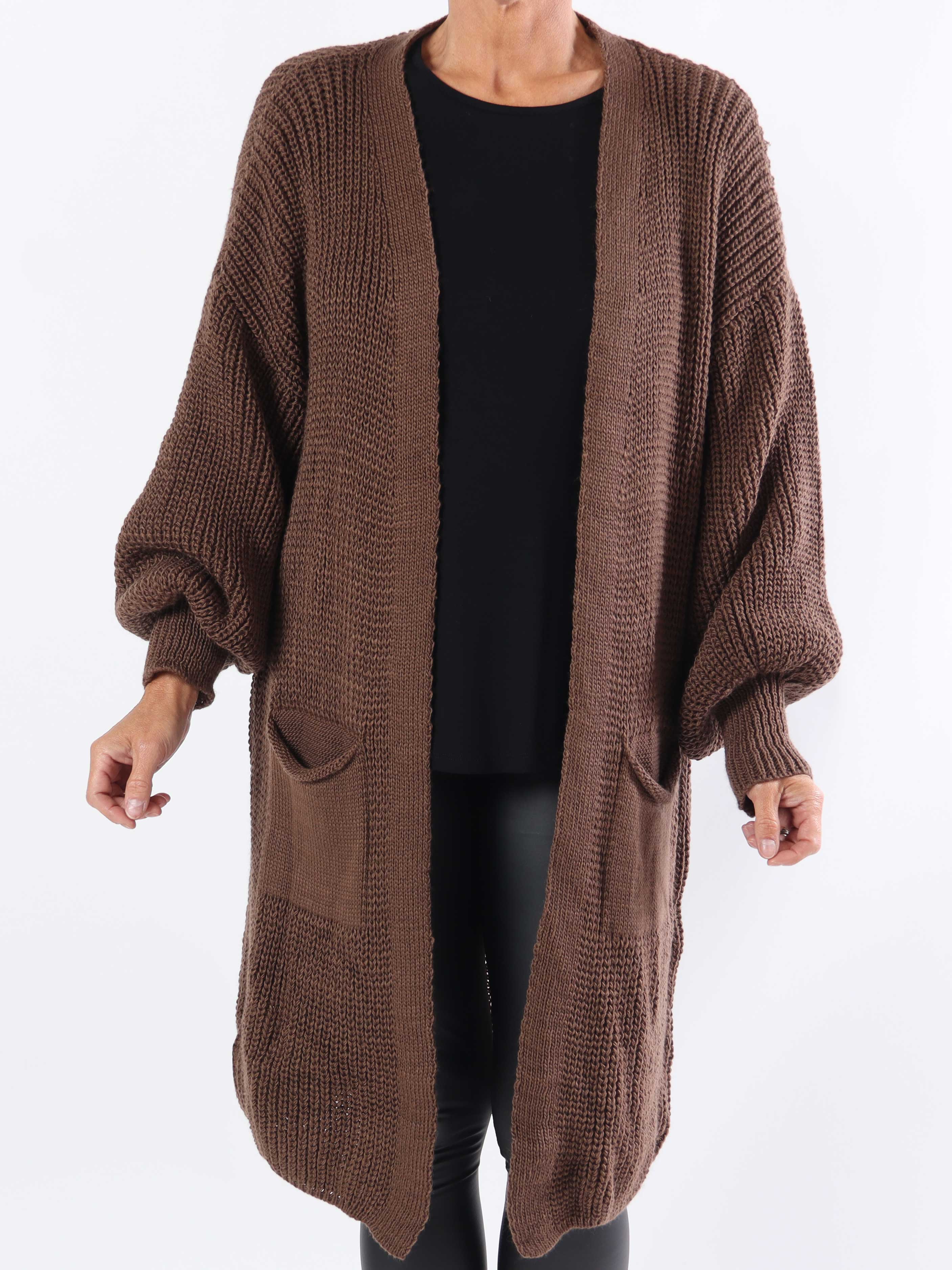 Sally Midi - Plus size strikcardigan med ballonærmer og lommer