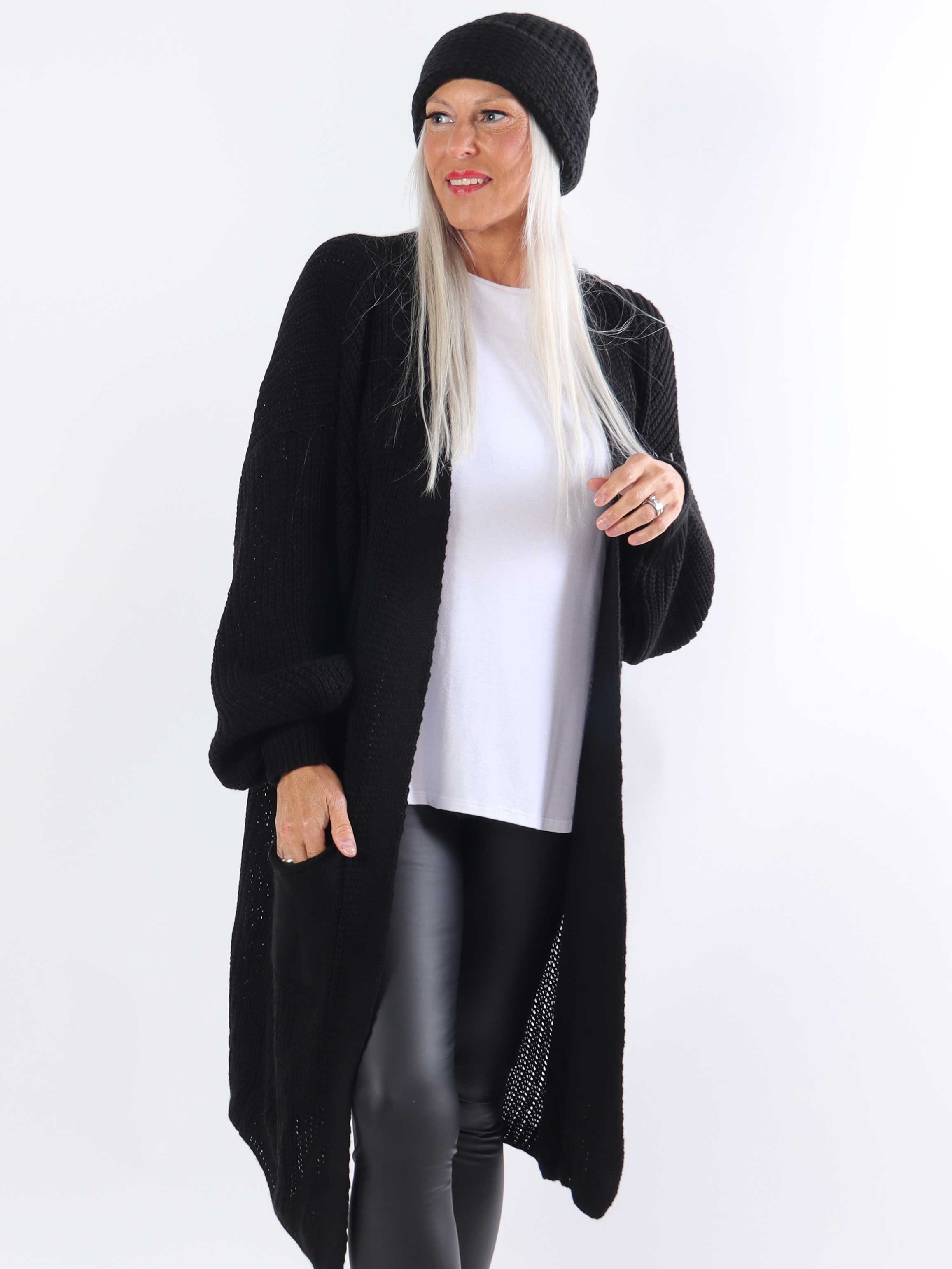 Sally Midi - Plus size strikcardigan med ballonærmer og lommer