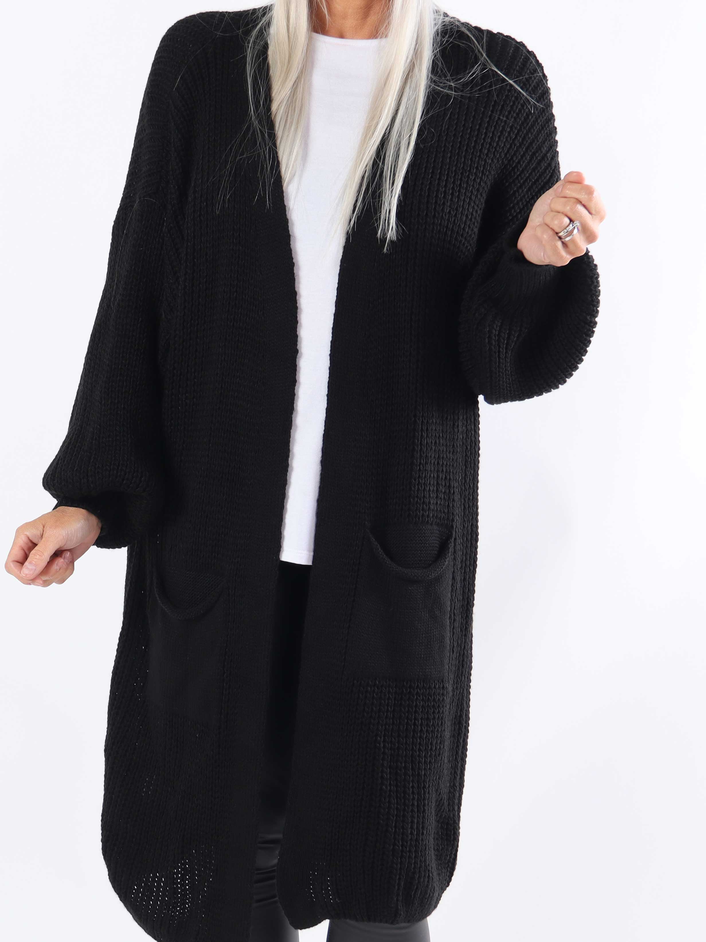 Sally Midi - Plus size strikcardigan med ballonærmer og lommer