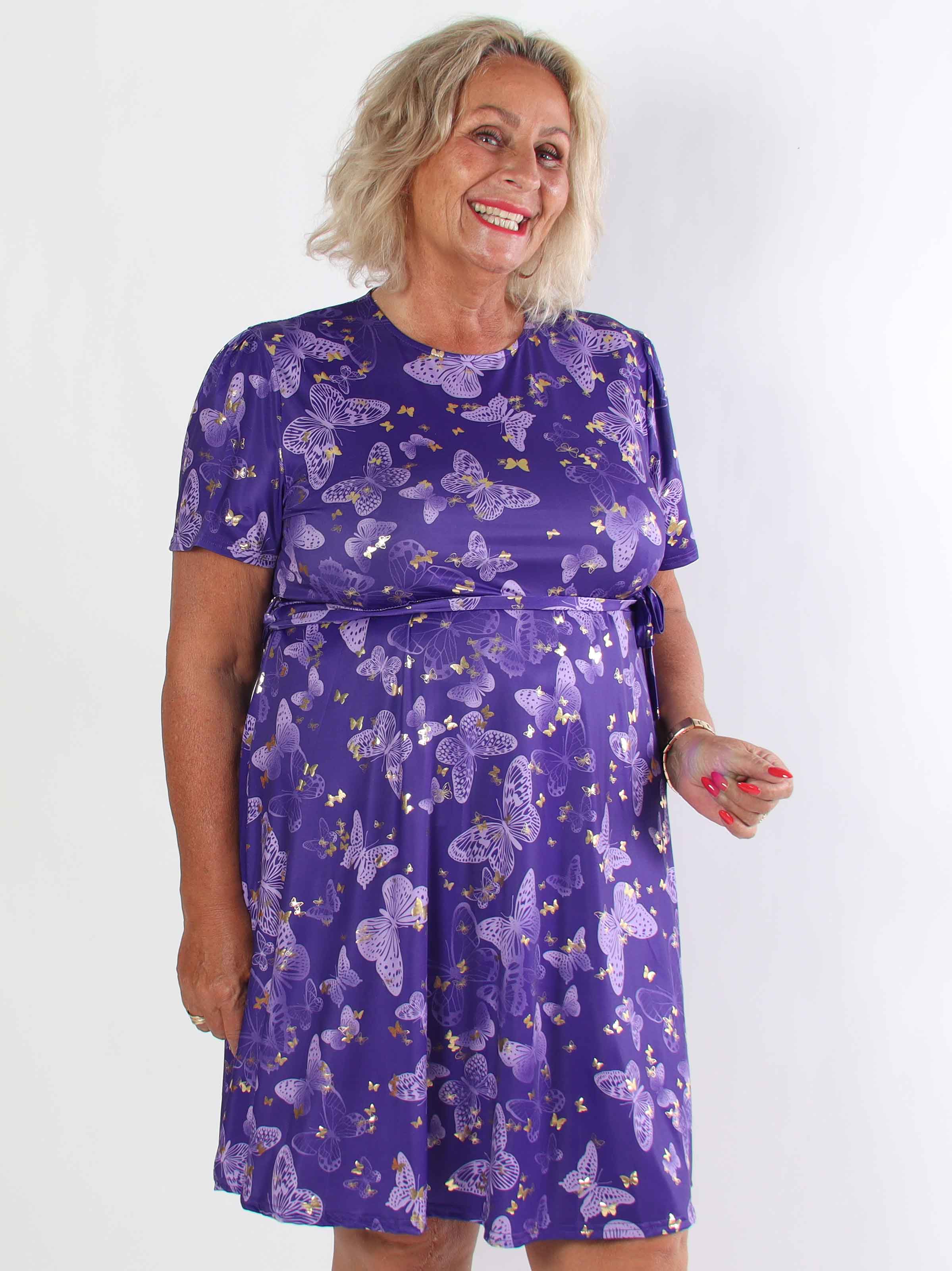 Sansa Butterfly Short - Elastisk plus size kjole med sommerfugleprint