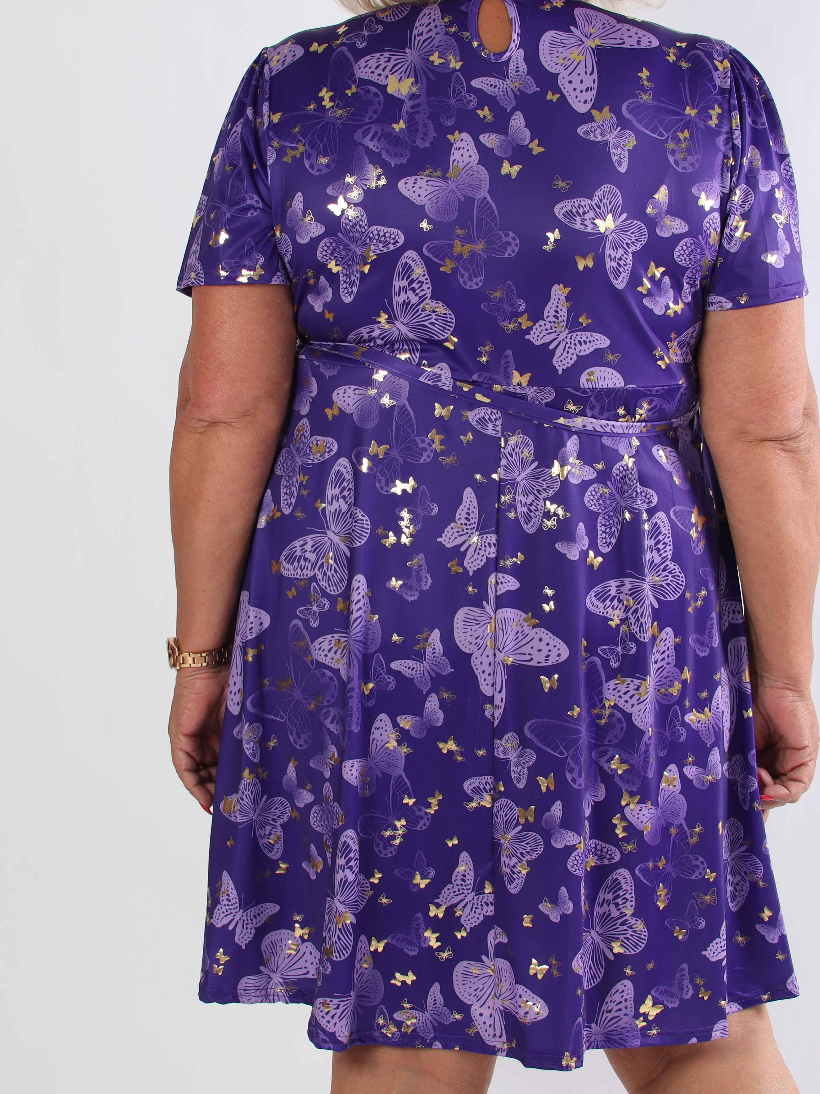 Sansa Butterfly Short - Elastisk plus size kjole med sommerfugleprint