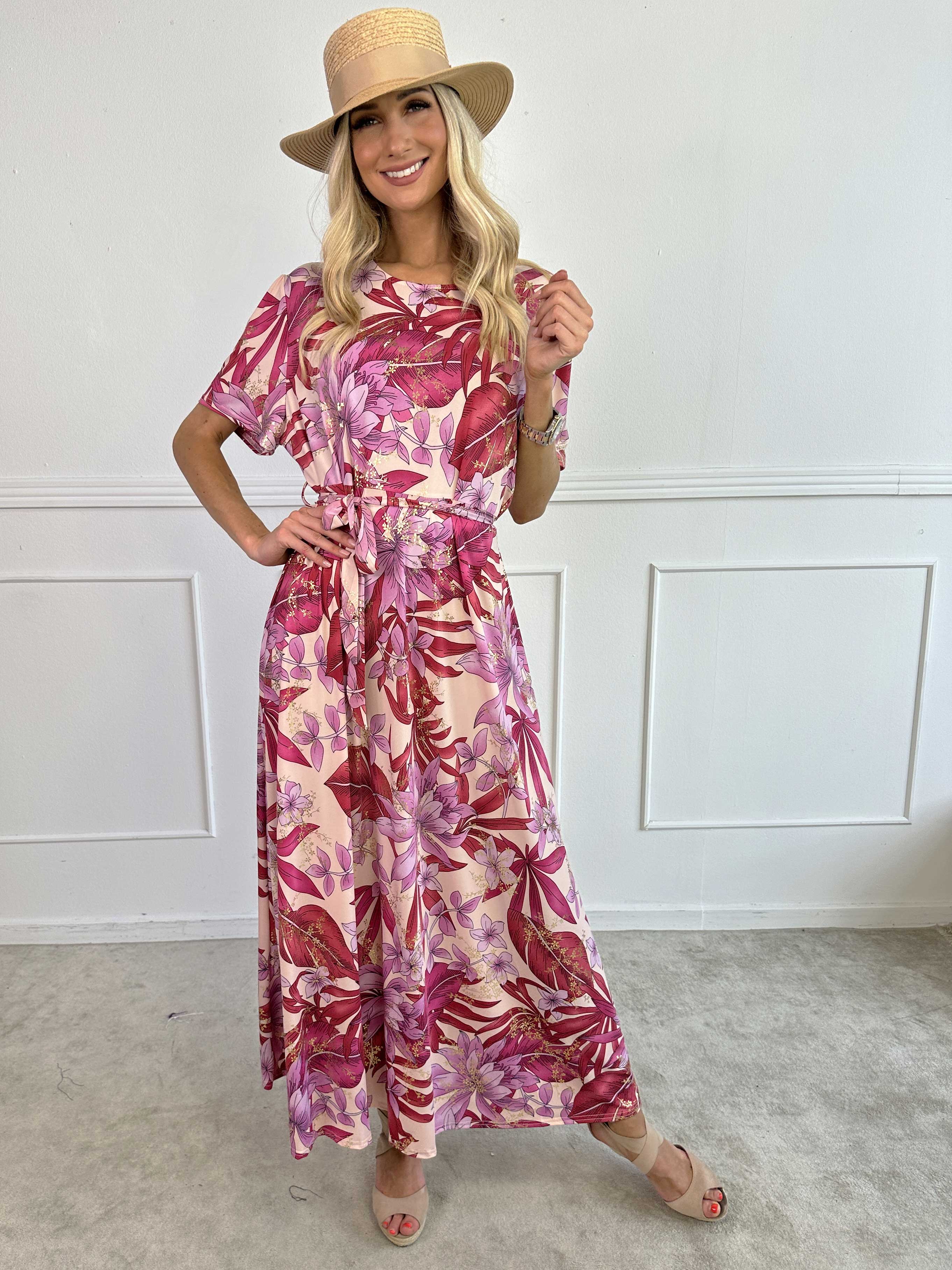 Sansa - Lang elastisk blomstret kjole med bindebånd