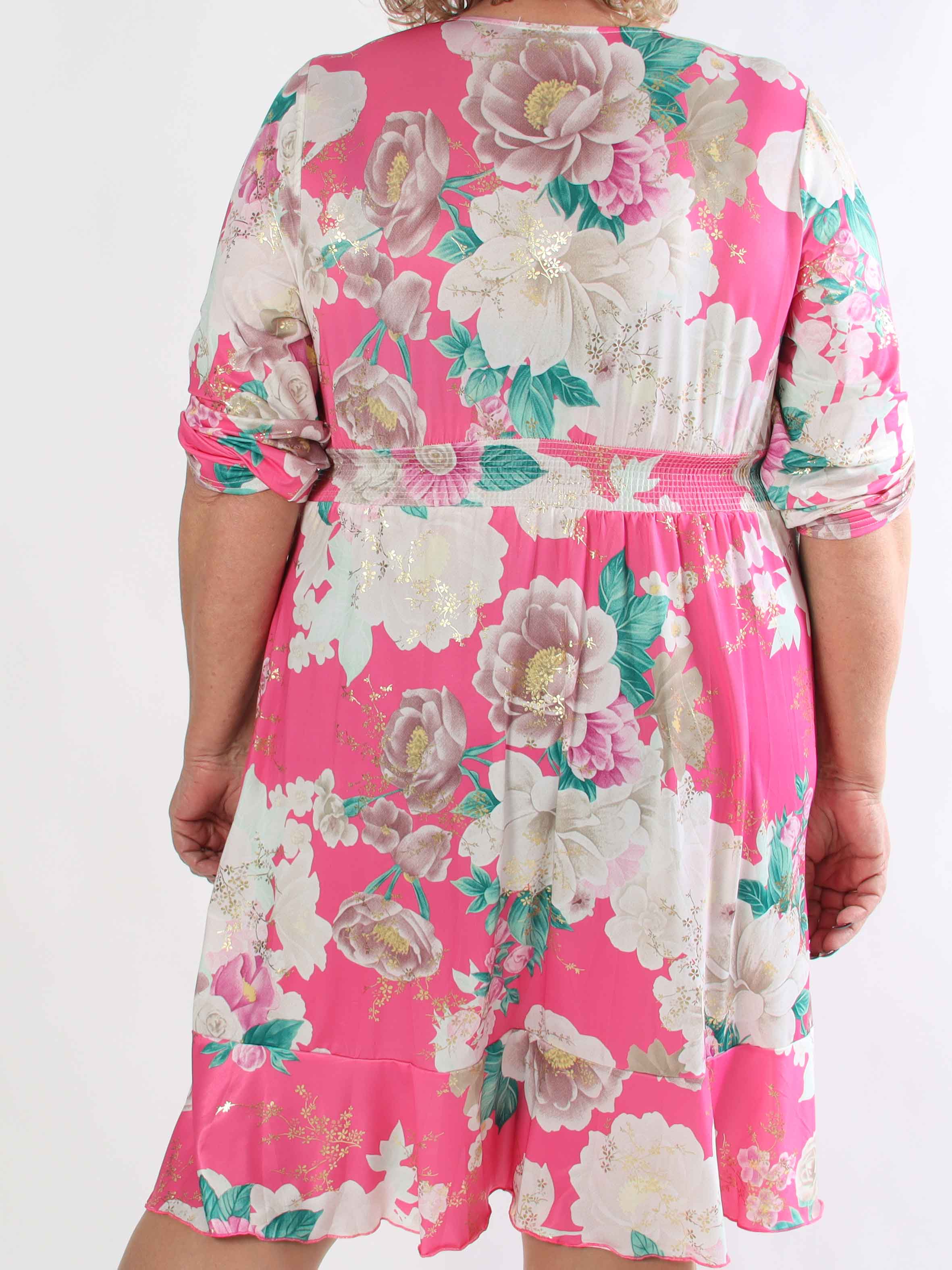 Savina Flower - Blomstret elastisk plus size kjole i slå-om-look