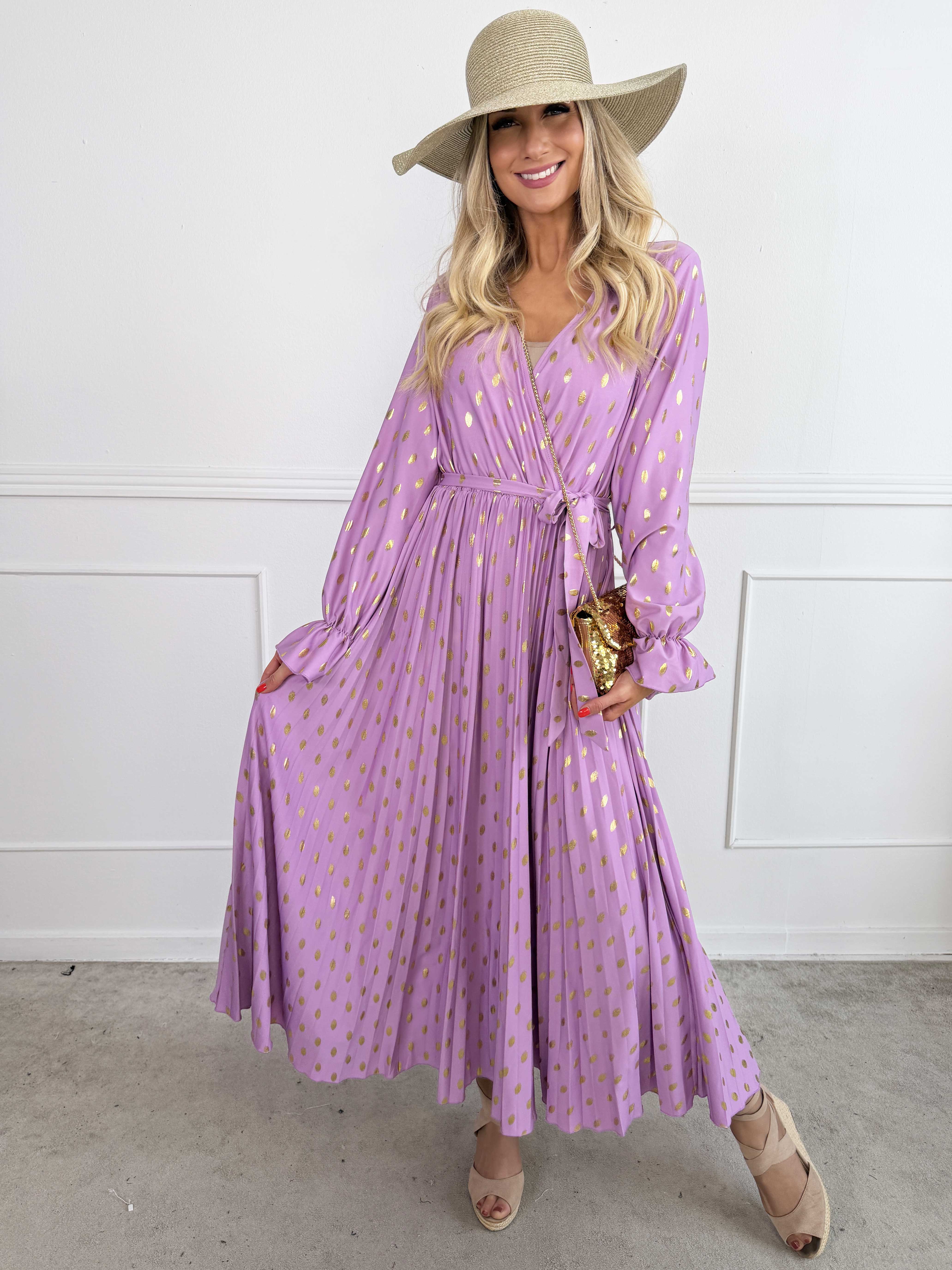 Silvija Dot - Lang elastisk kjole med guld dutter og plisseret skørt