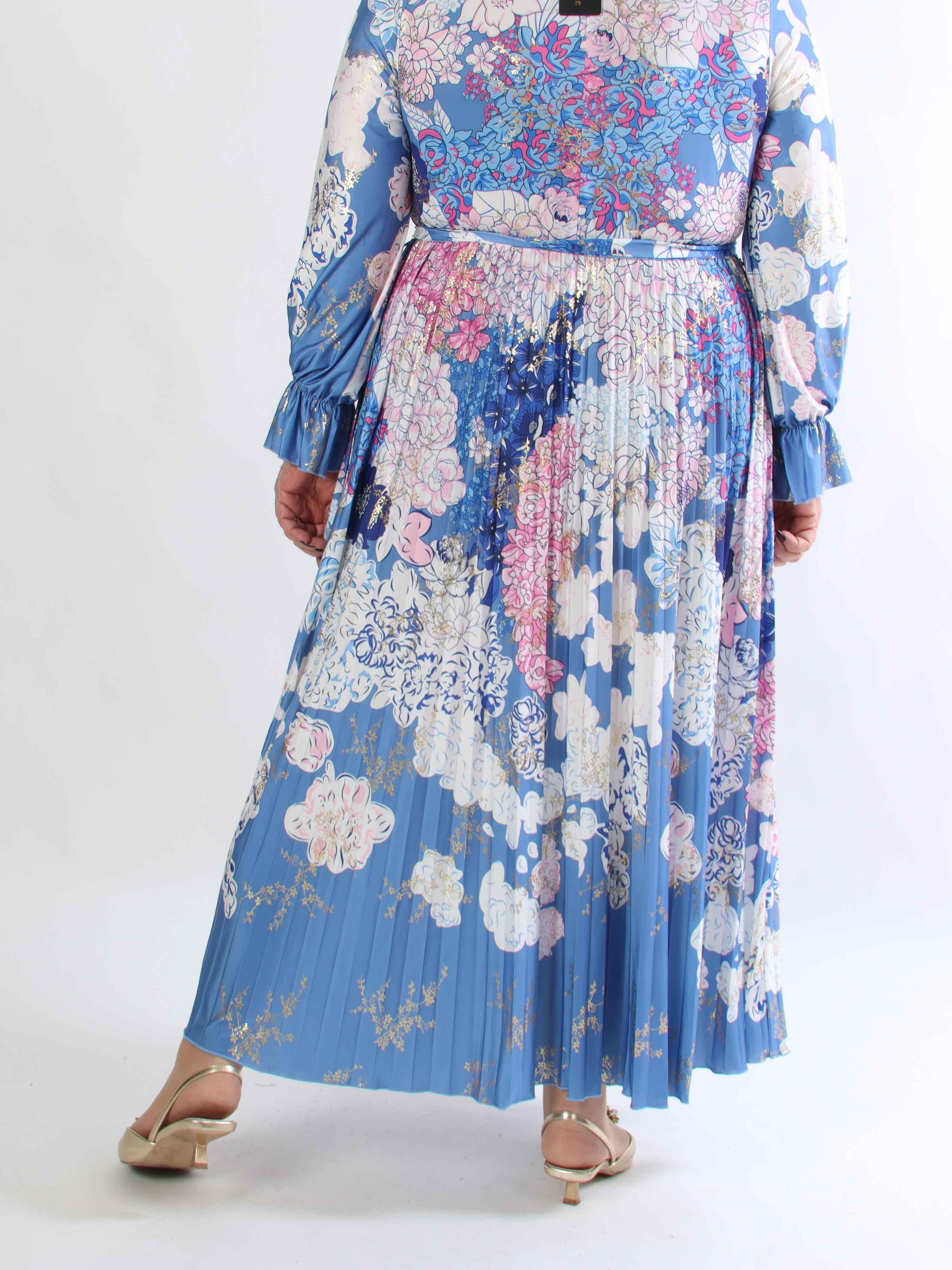 Silvija Flower - Lang plus size mønstret kjole med plisseret skørt