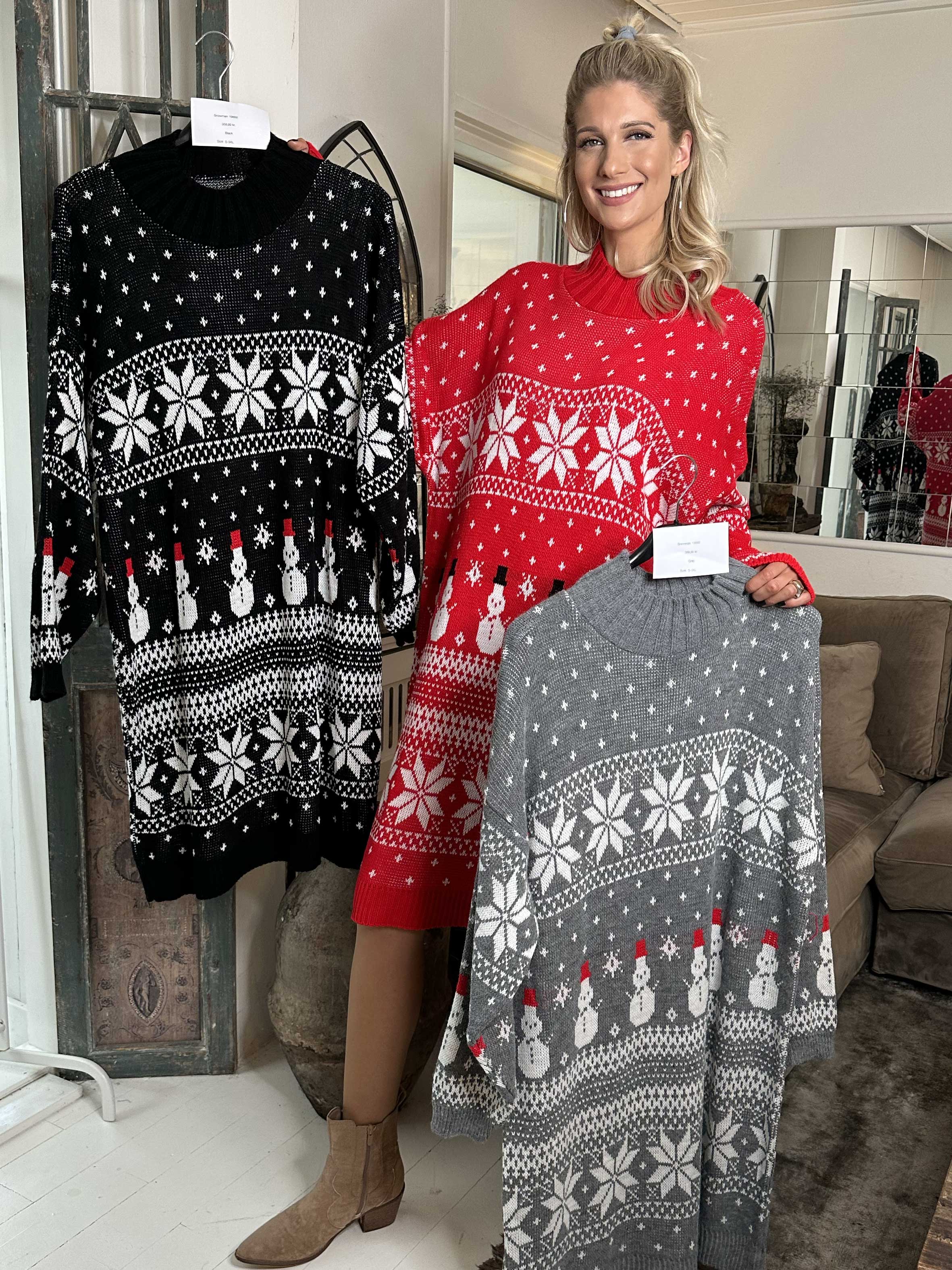 Snowman - Jule strikkjole med snemænd og snefnug