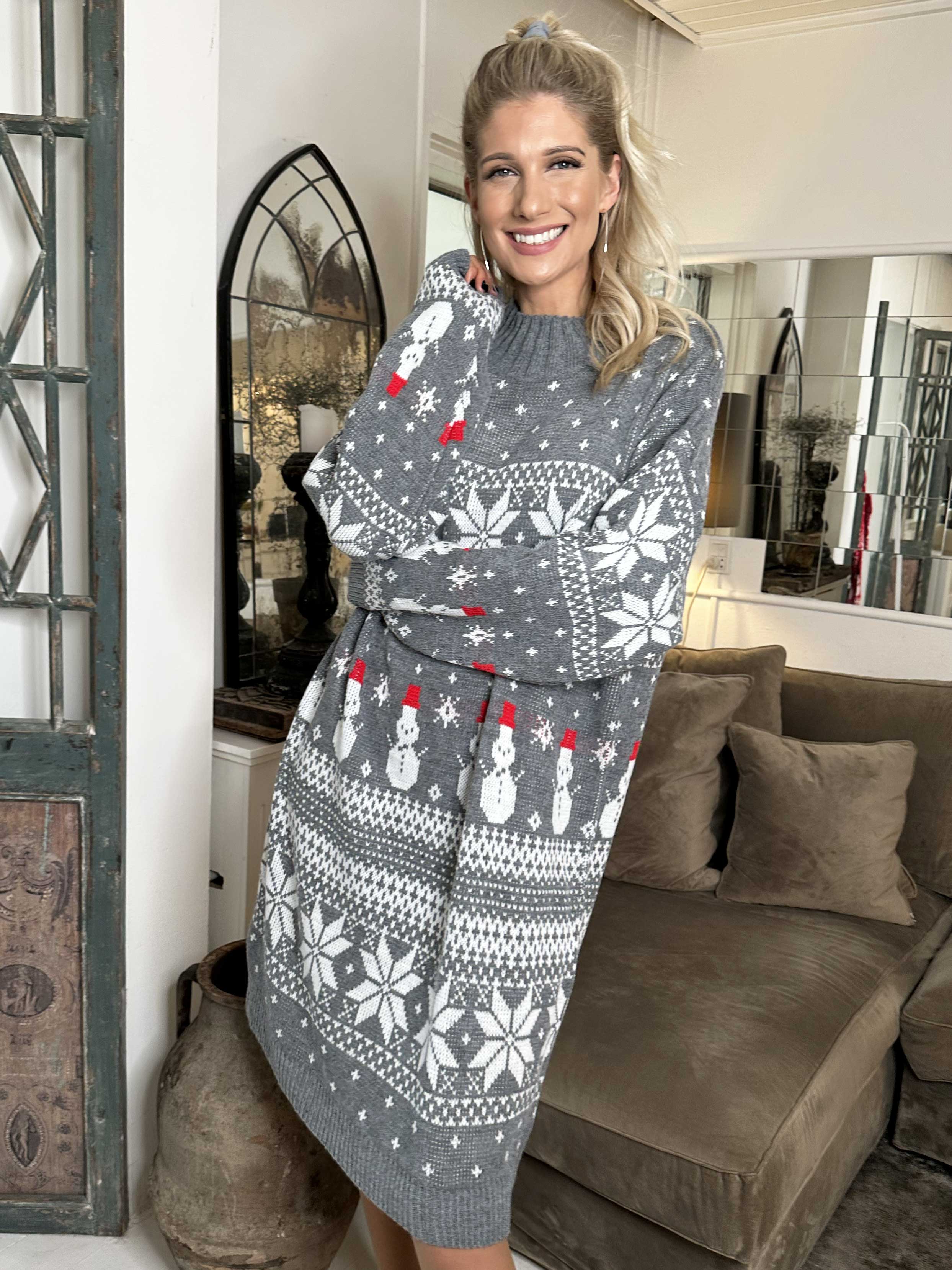 Snowman - Jule strikkjole med snemænd og snefnug