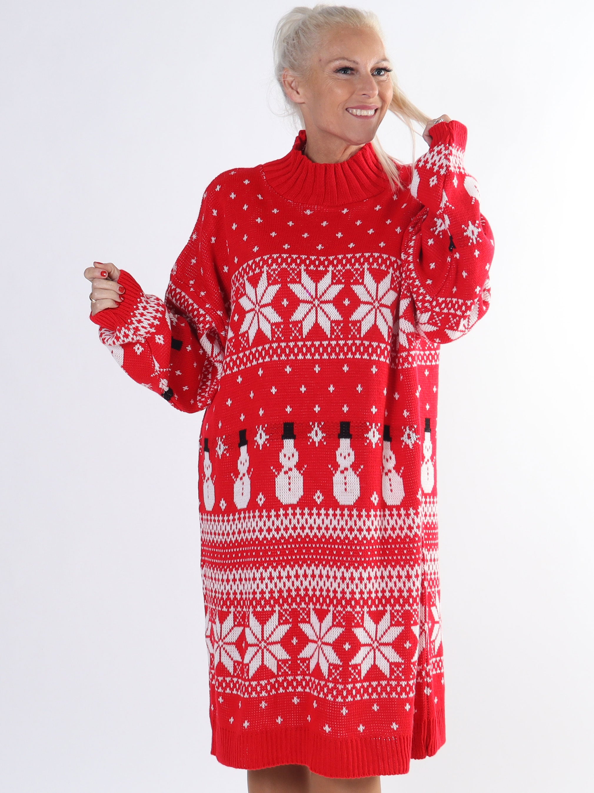 Snowman - Plus size jule strikkjole med snemænd og snefnug