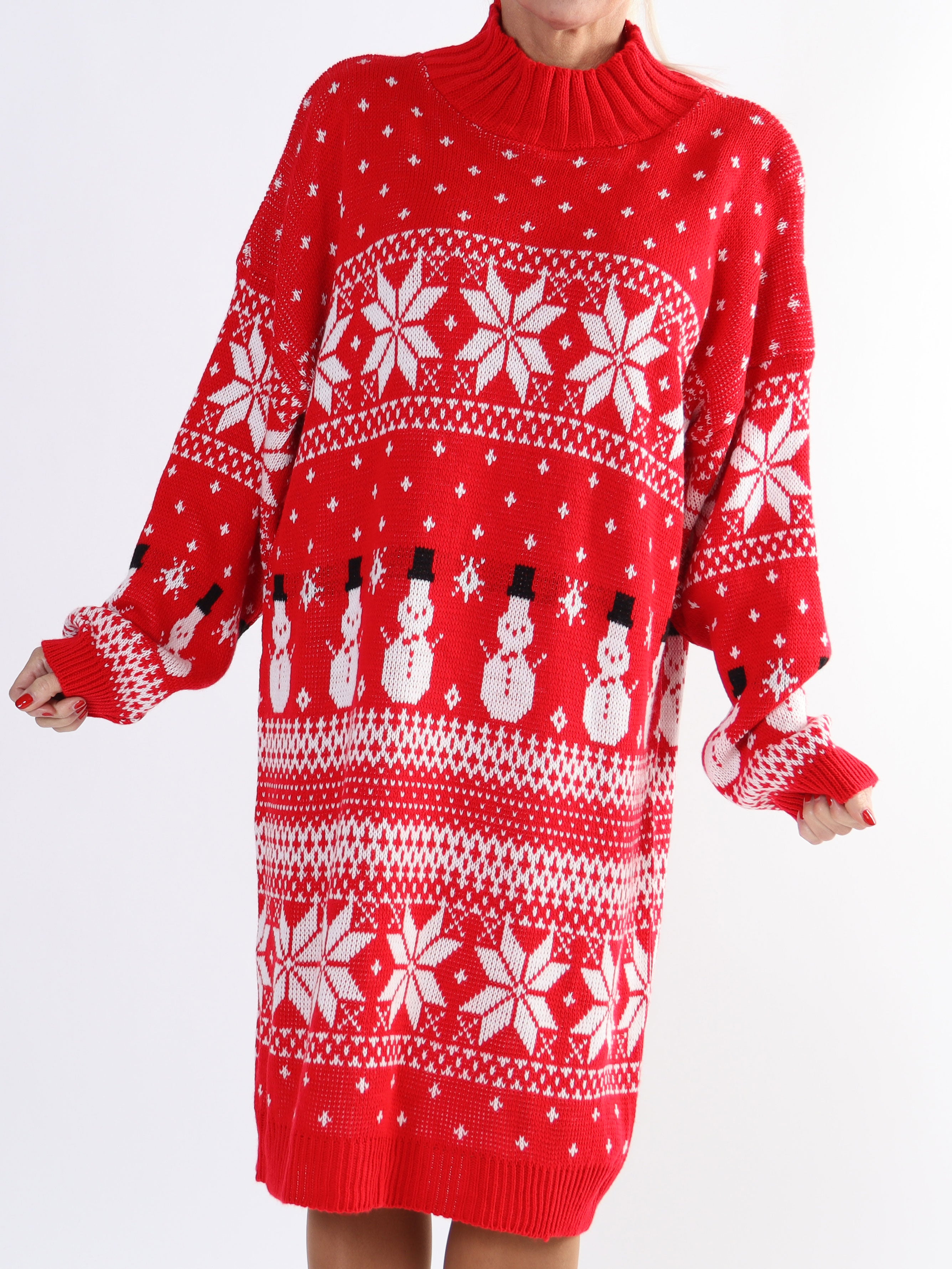 Snowman - Plus size jule strikkjole med snemænd og snefnug