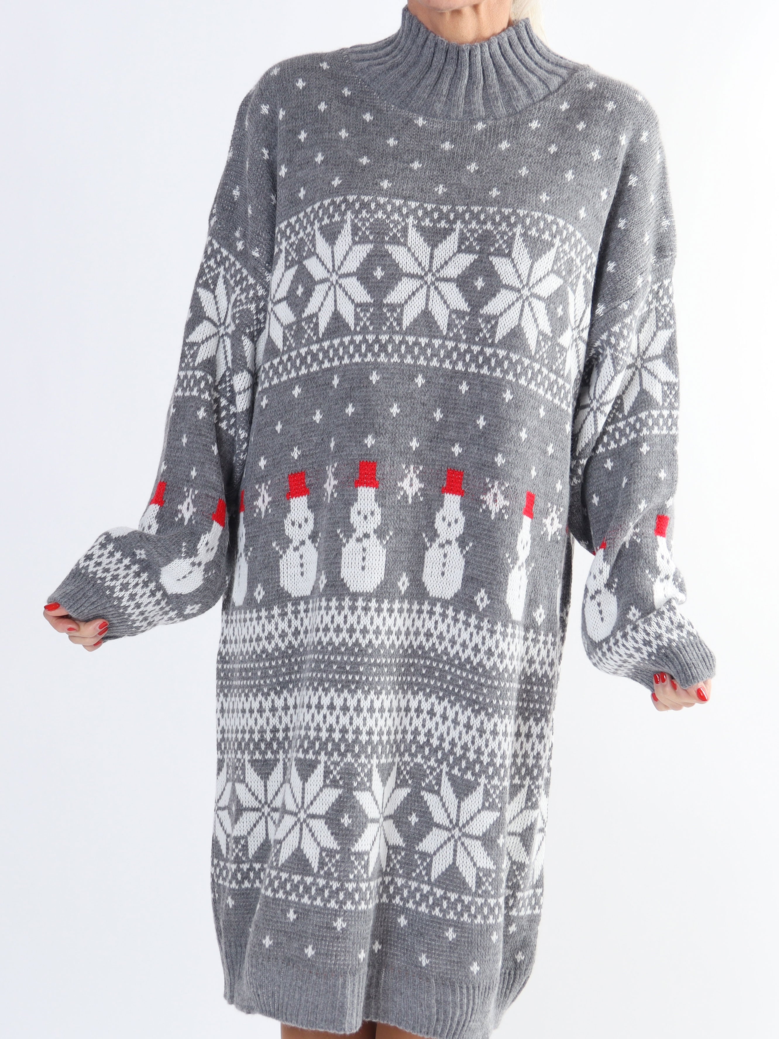 Snowman - Plus size jule strikkjole med snemænd og snefnug