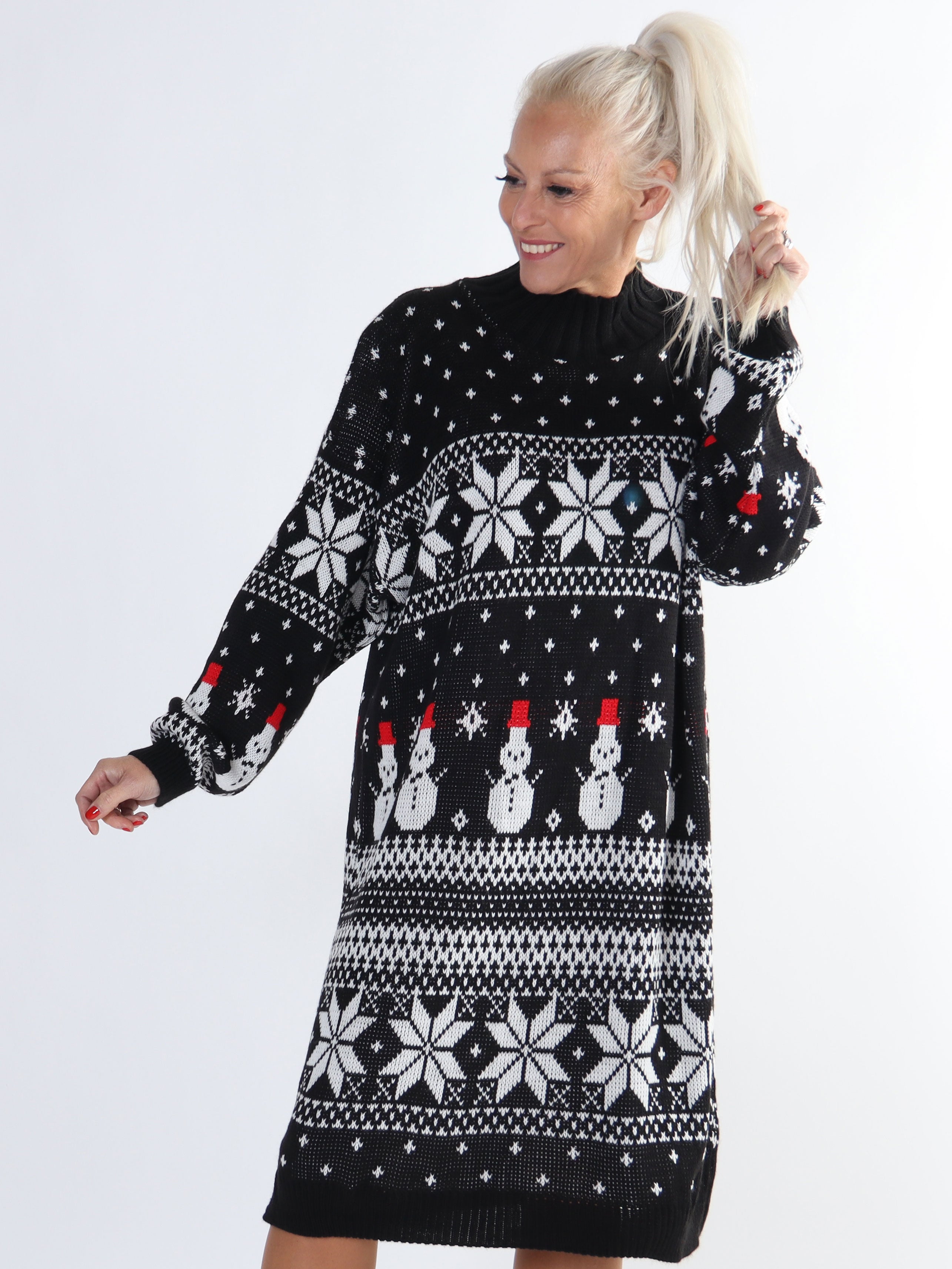 Snowman - Plus size jule strikkjole med snemænd og snefnug