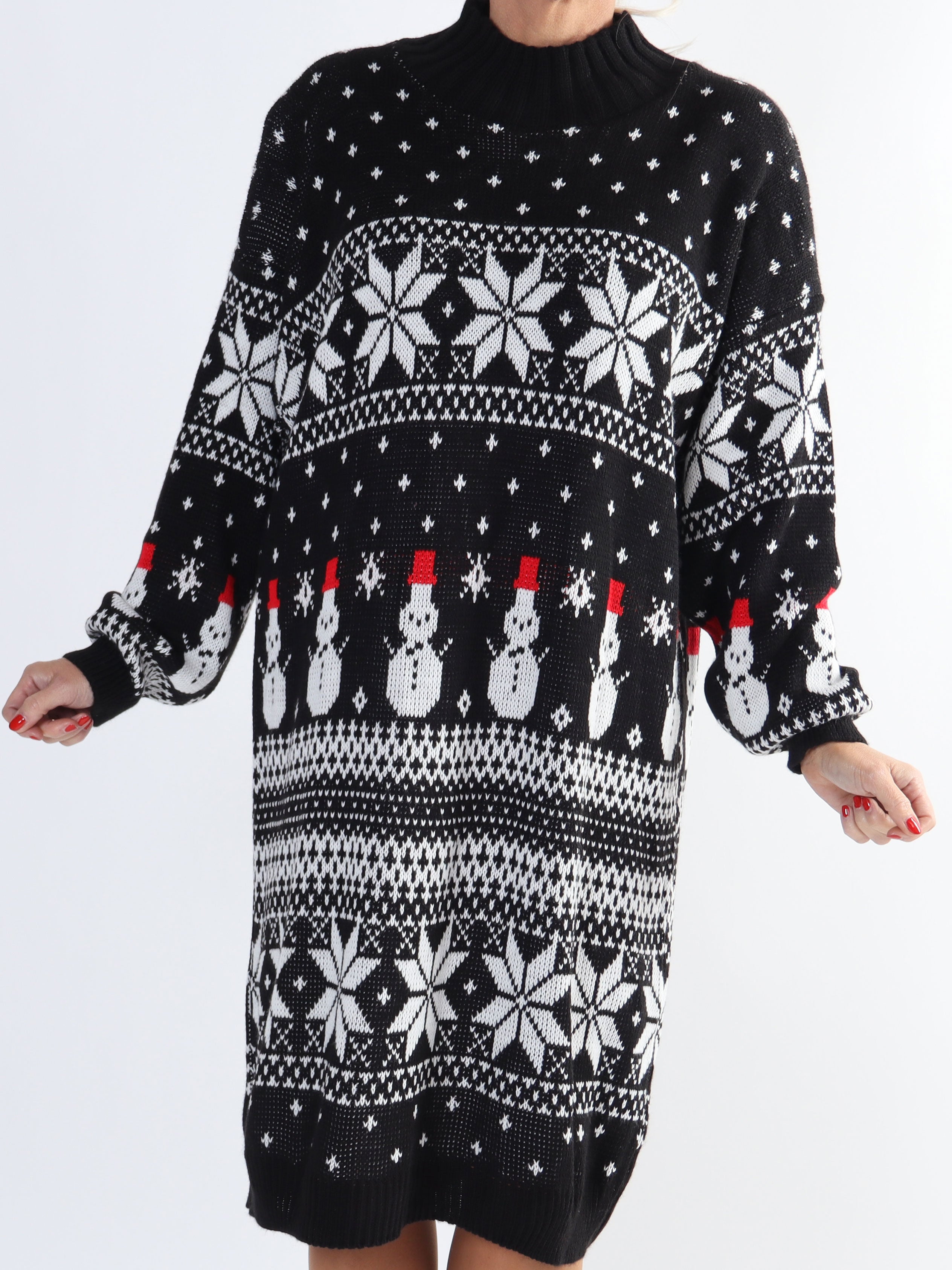 Snowman - Plus size jule strikkjole med snemænd og snefnug