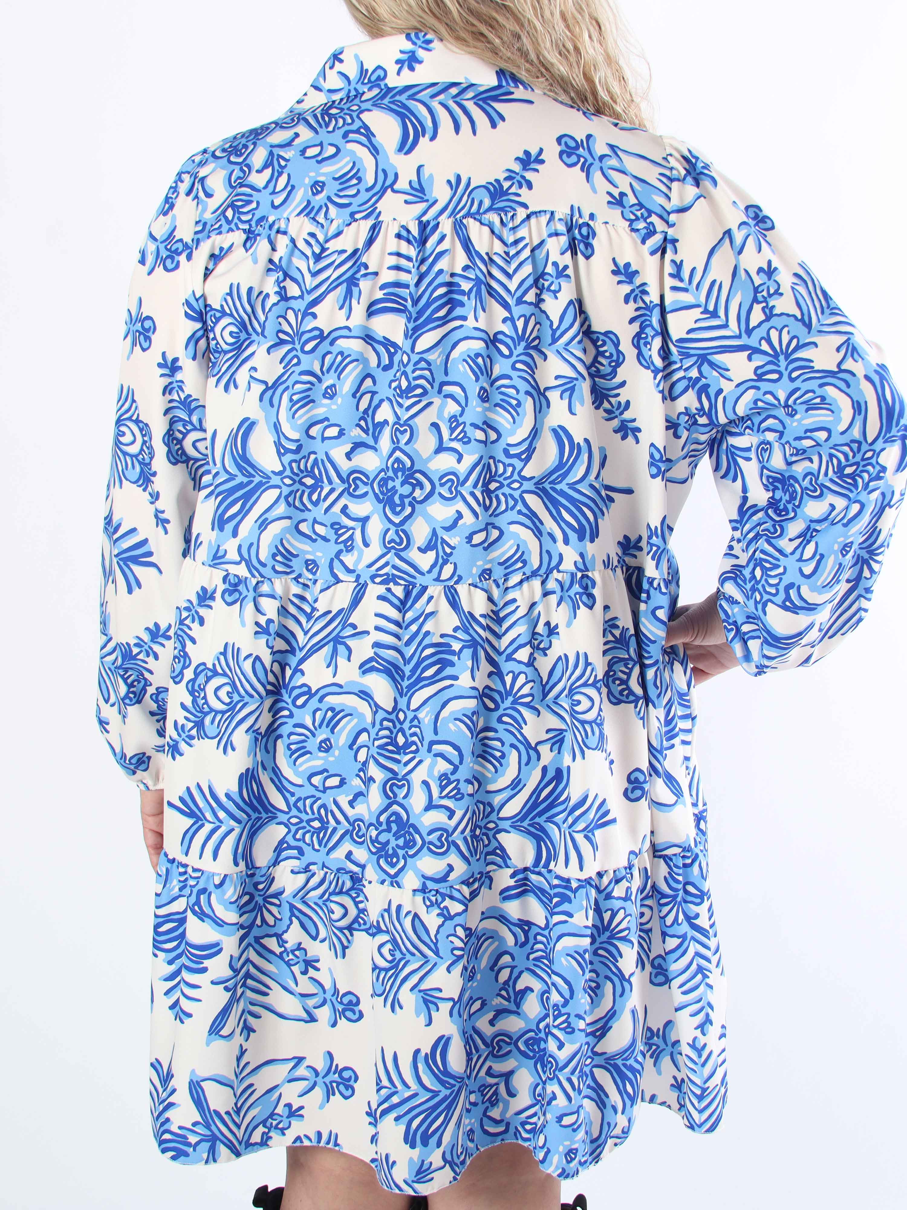 Sophie - Mønstret plus size skjortekjole i viskoseblanding med flæsekant