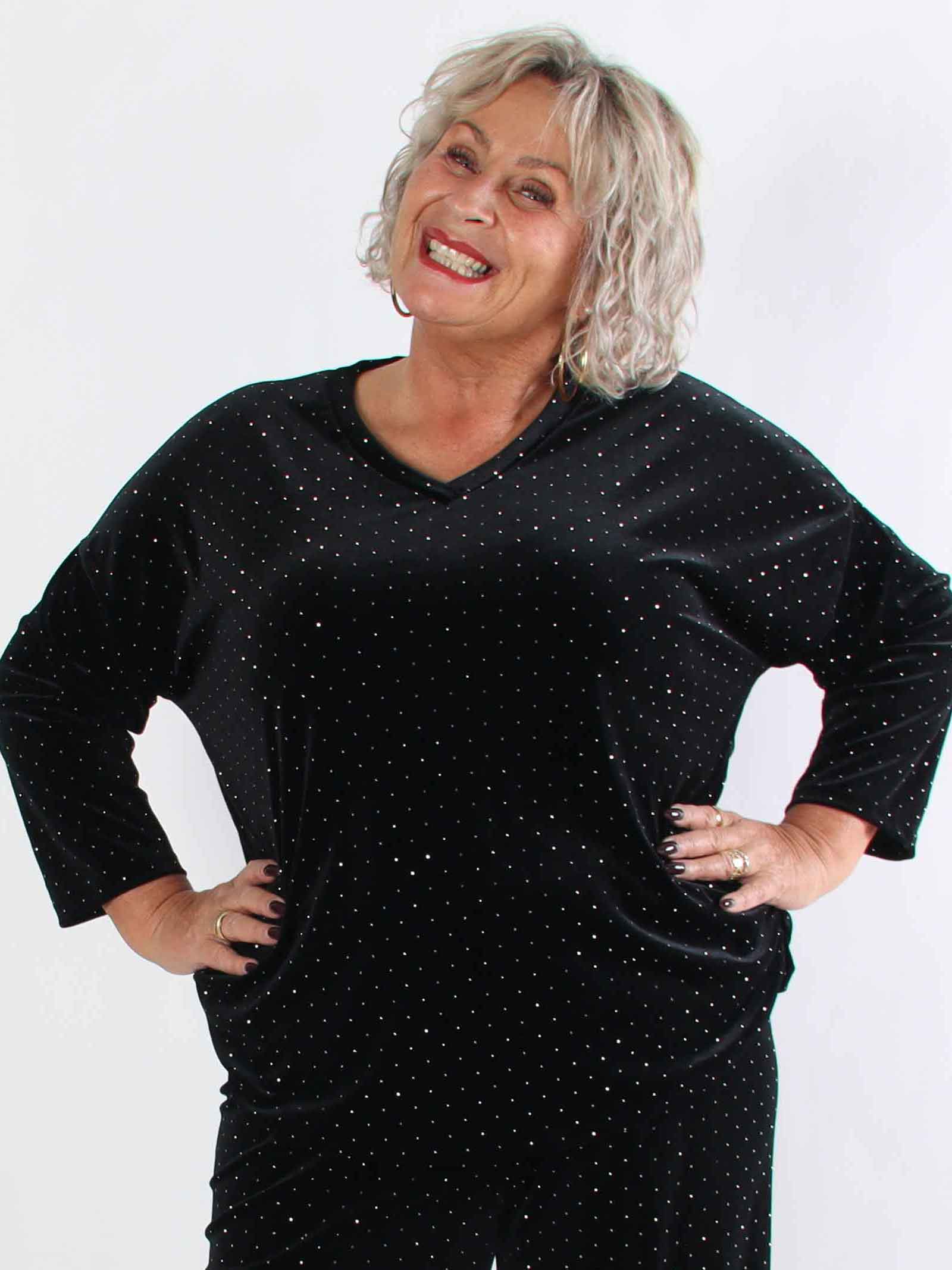 Sparkling - Blødt velour plus size sæt med skinnede sten