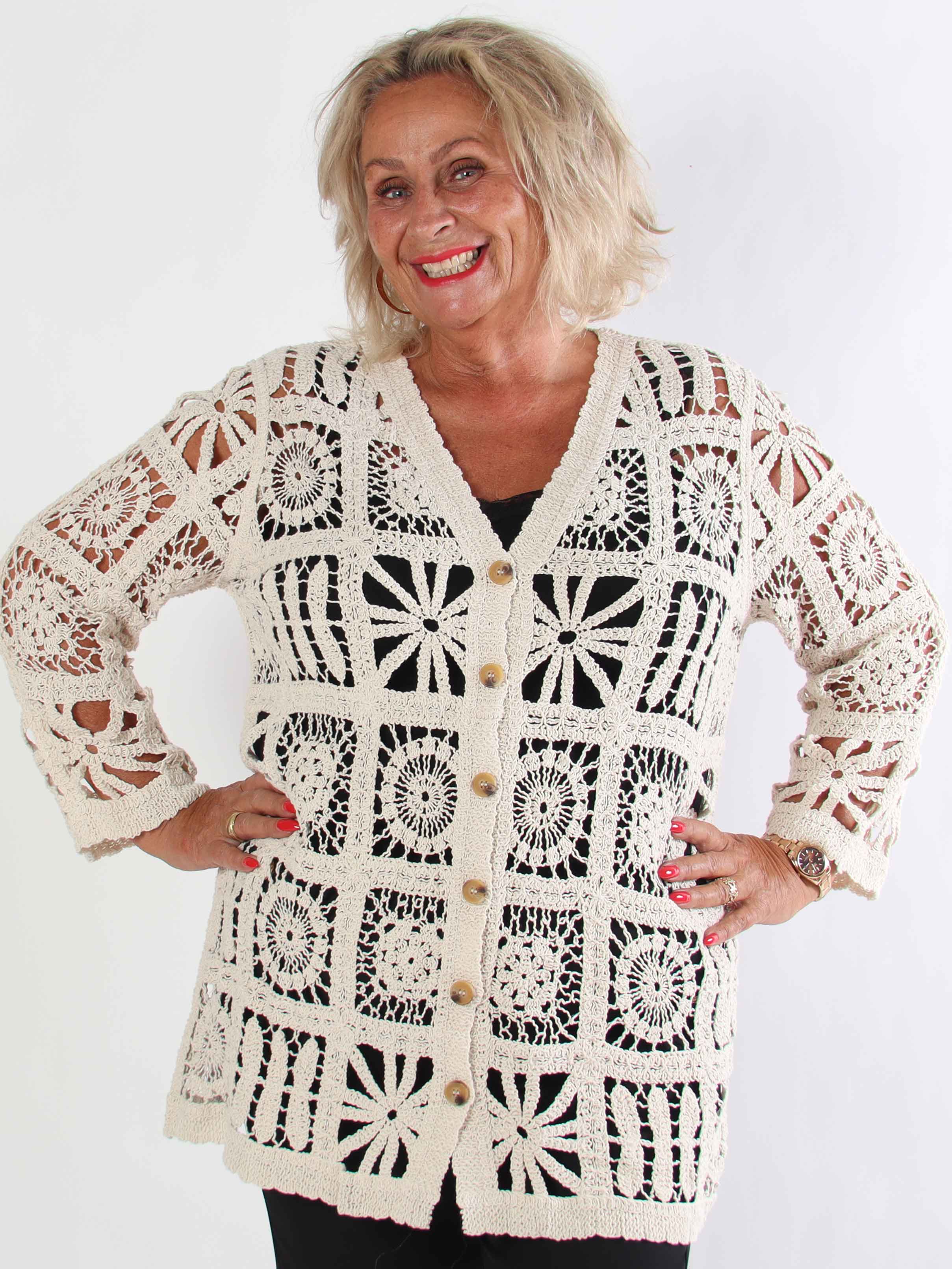 Temari - Hæklet plus size cardigan i bomuld med knapper