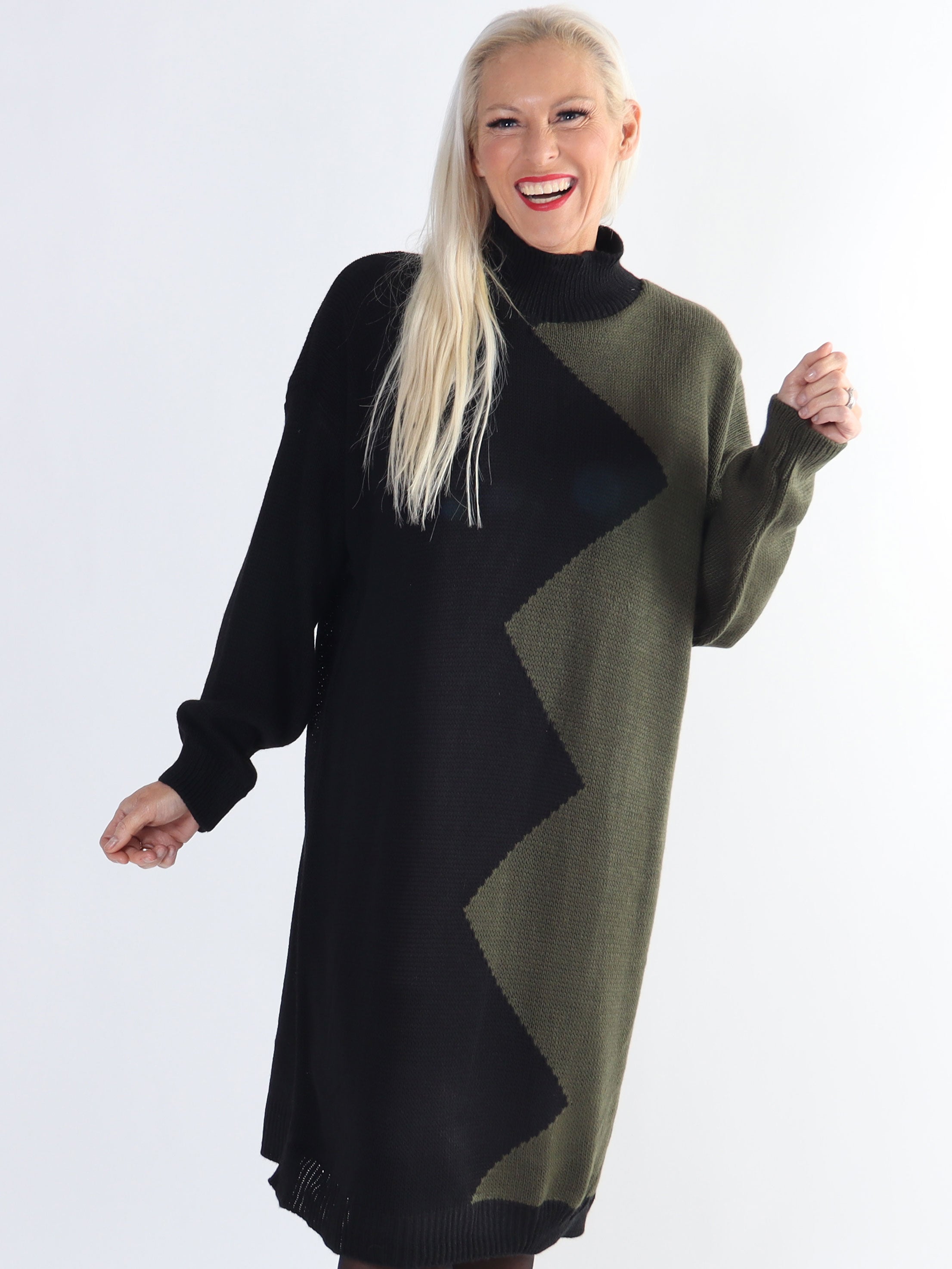 Venezia - Plus size højhalset tofarvet strikkjole