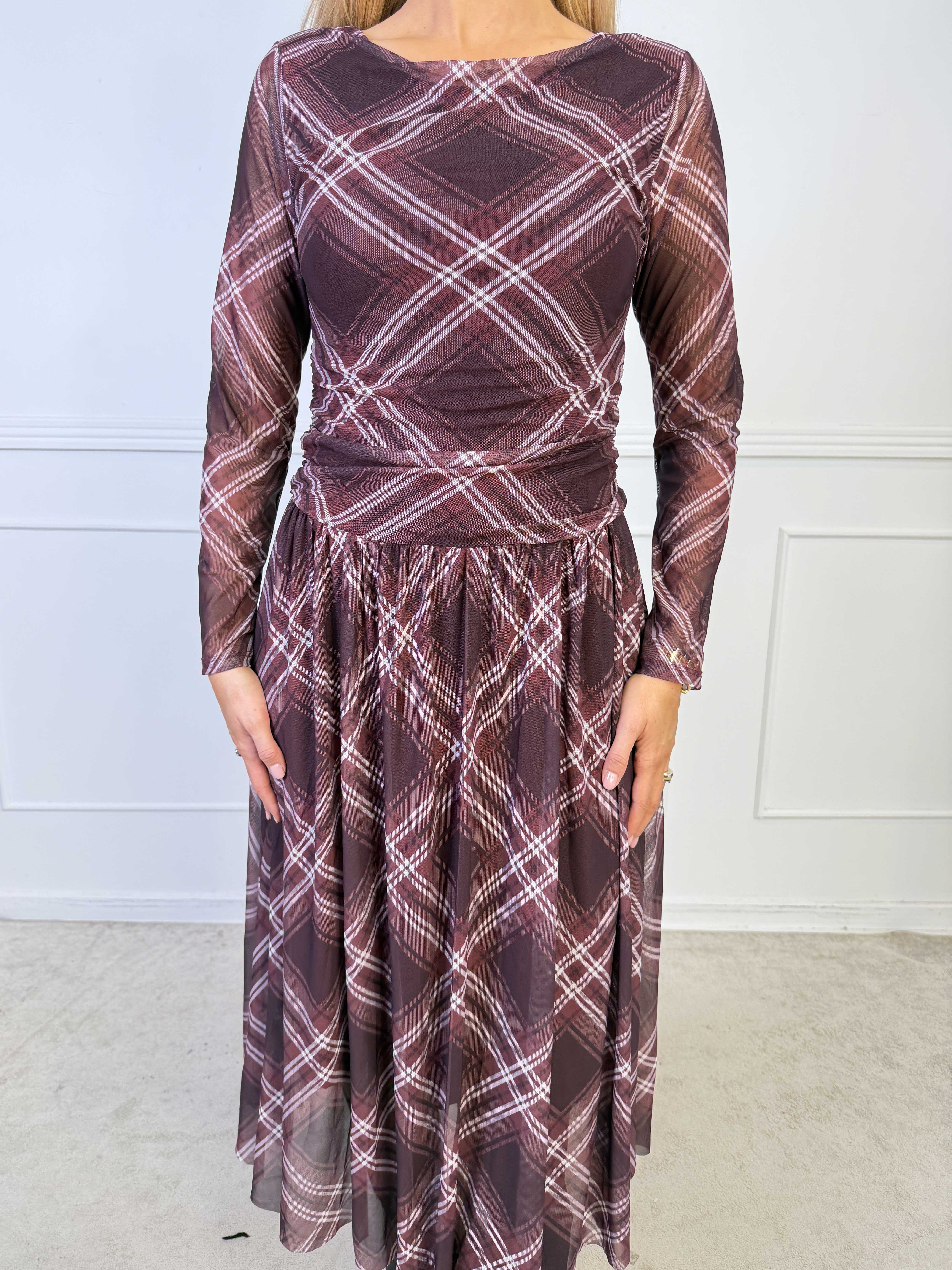 Viola Check - Elegant kjole i stretchy mesh med tern og transparente ærmer