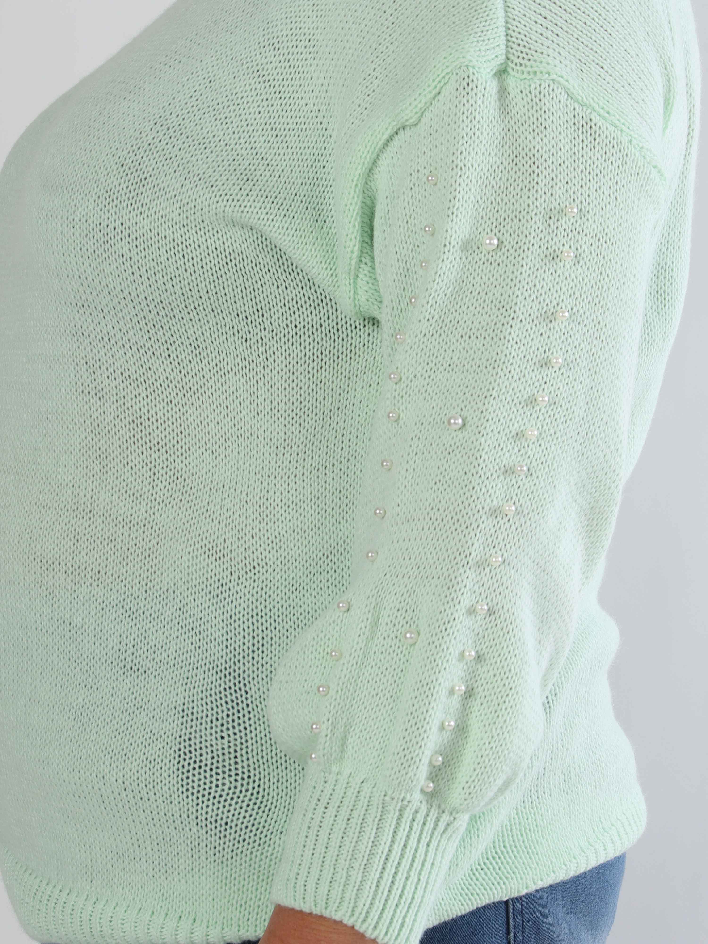 Viviane - Plus size strik detaljeret med hvide perler og ballonærmer