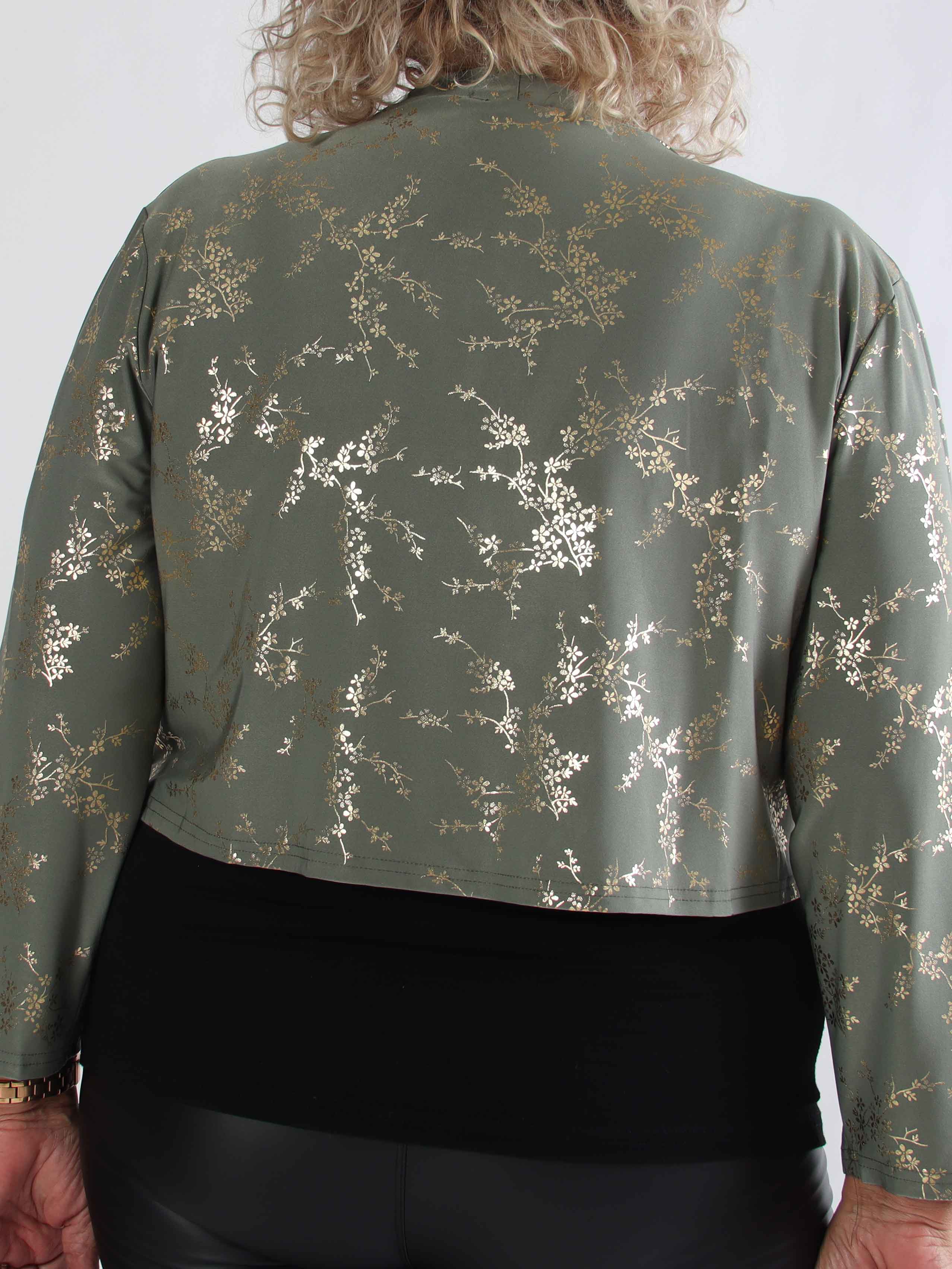 Werena Gold - Kort elastisk plus size cardigan detaljeret med guld blomster