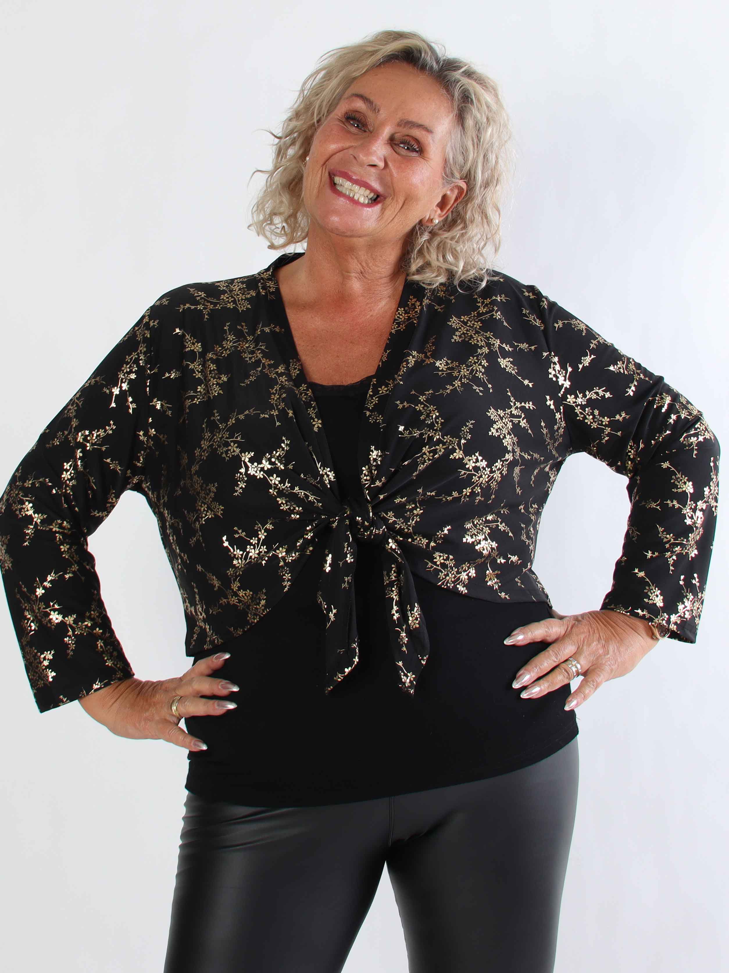 Werena Gold - Kort elastisk plus size cardigan detaljeret med guld blomster