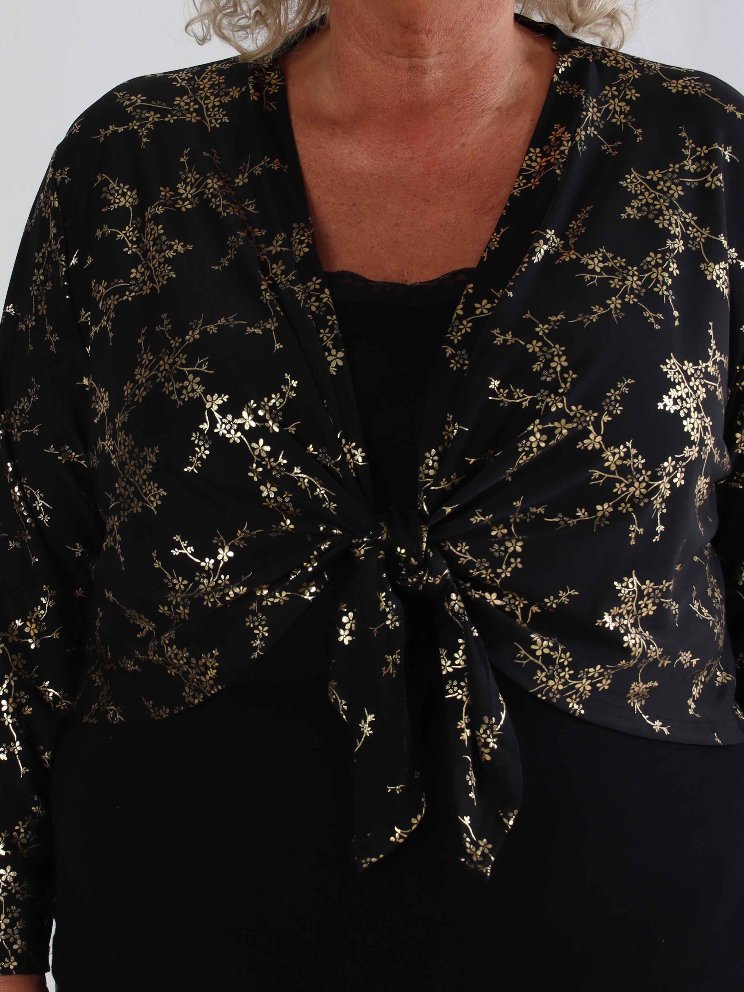 Werena Gold - Kort elastisk plus size cardigan detaljeret med guld blomster