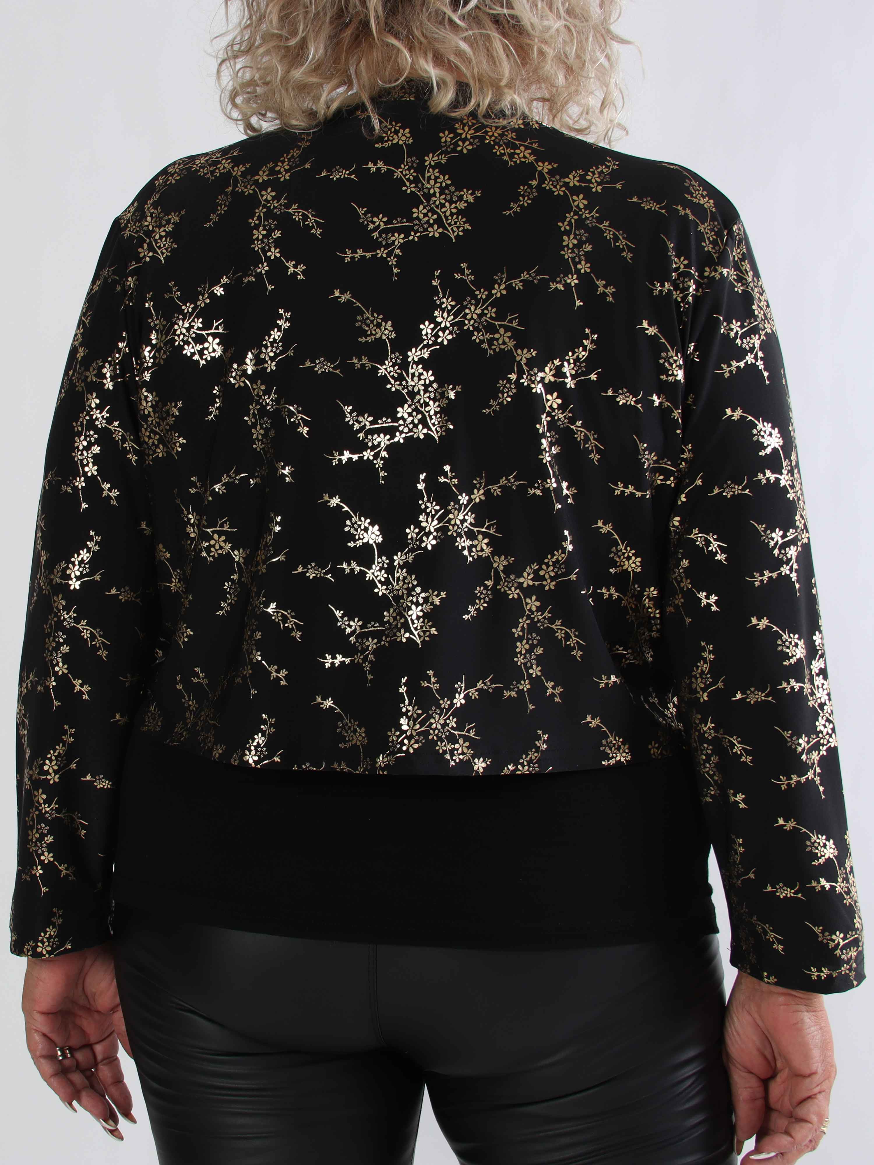 Werena Gold - Kort elastisk plus size cardigan detaljeret med guld blomster