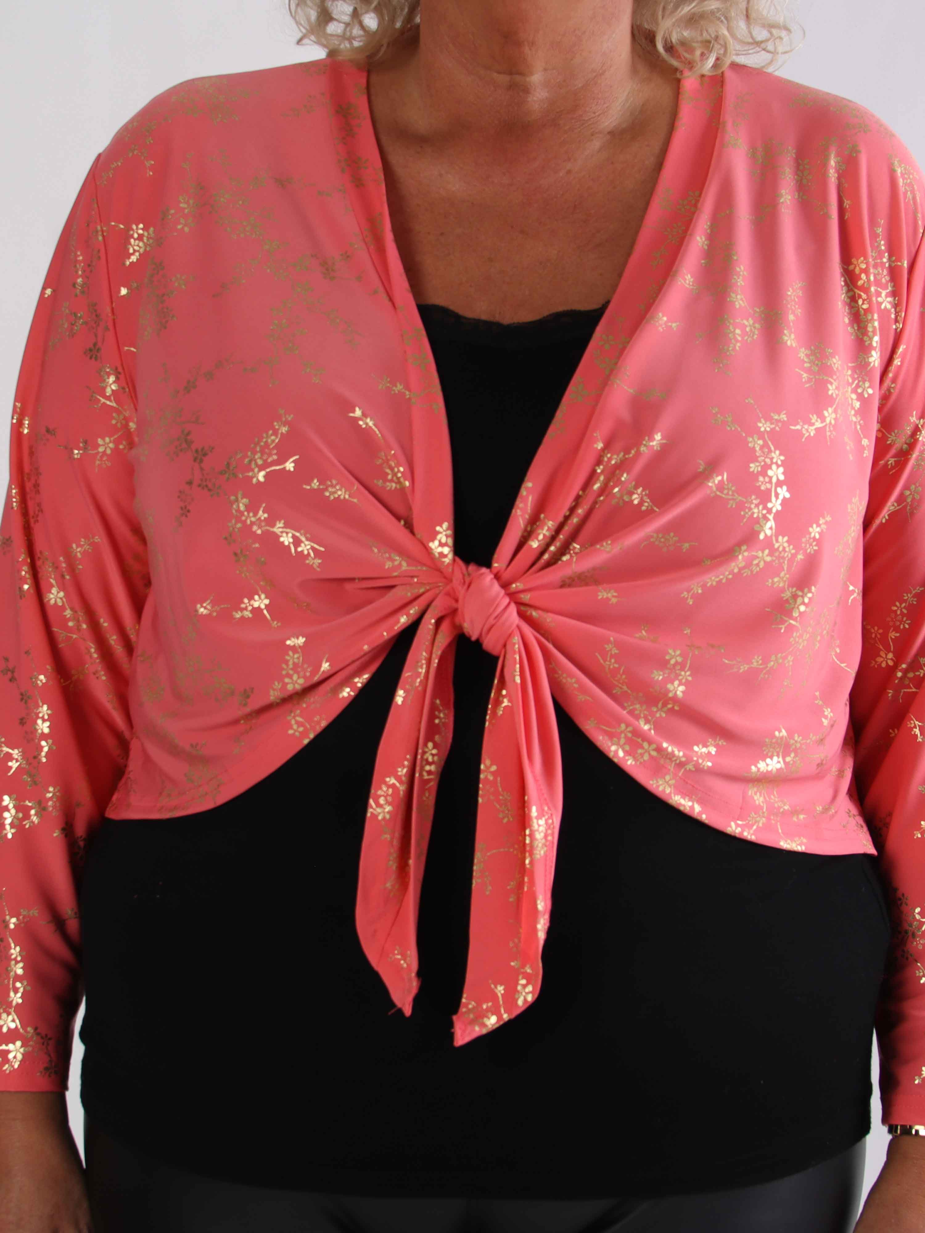 Werena Gold - Kort elastisk plus size cardigan detaljeret med guld blomster