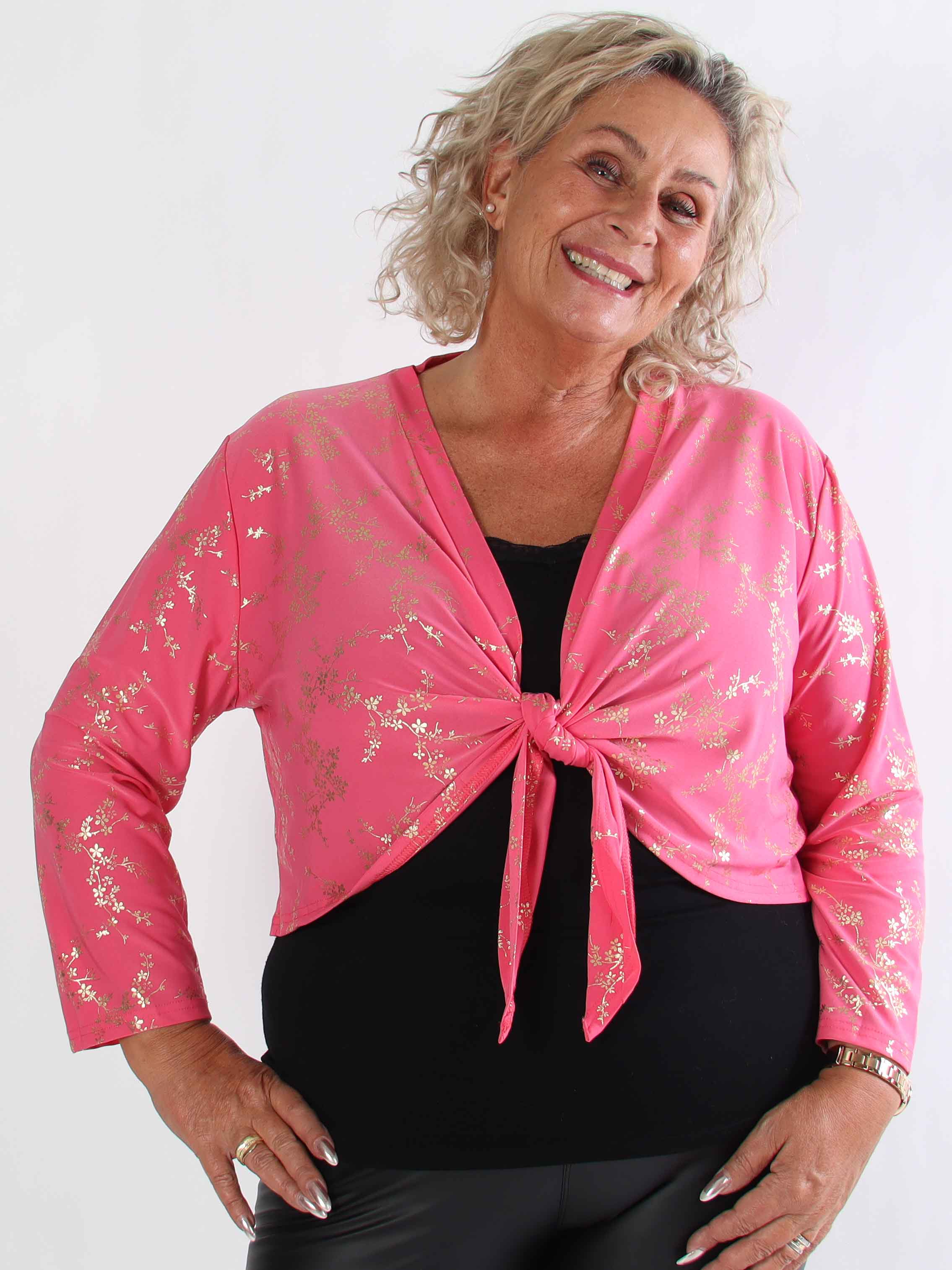 Werena Gold - Kort elastisk plus size cardigan detaljeret med guld blomster