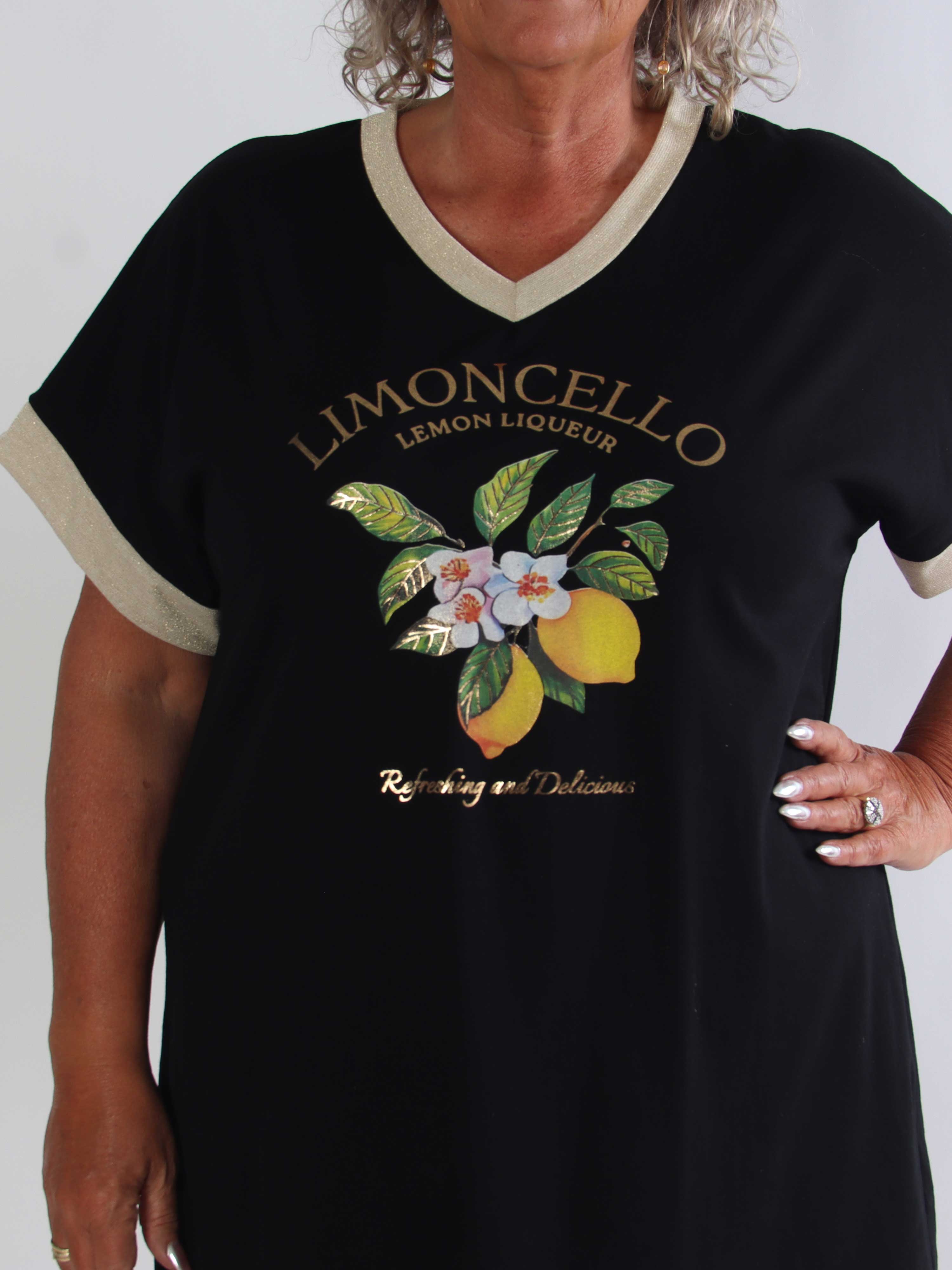 Zandra - Plus size t-shirtkjole i bomuld med citroner og guld detaljer