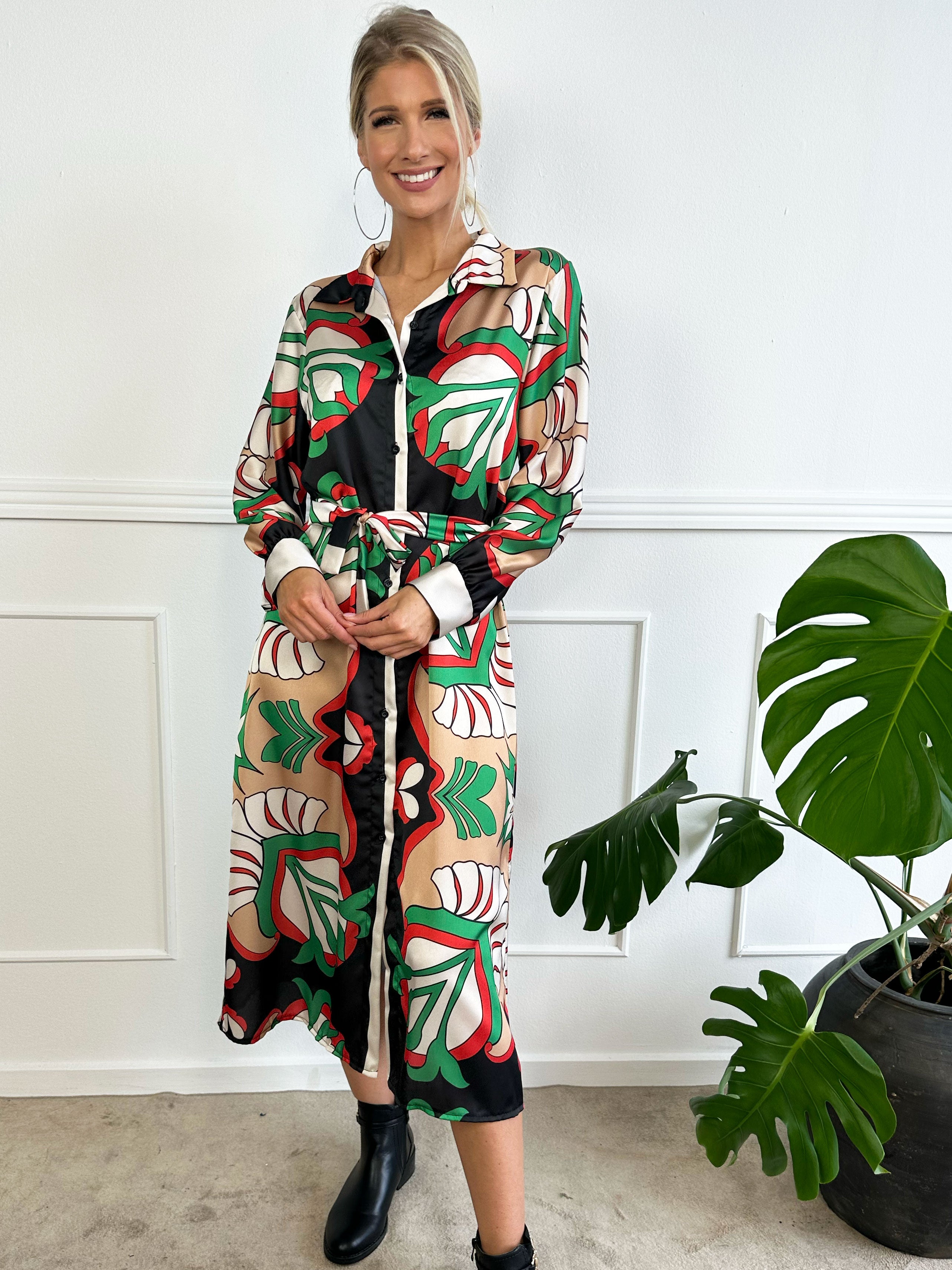 Amani - Lang kjole i silkelook med bindebånd